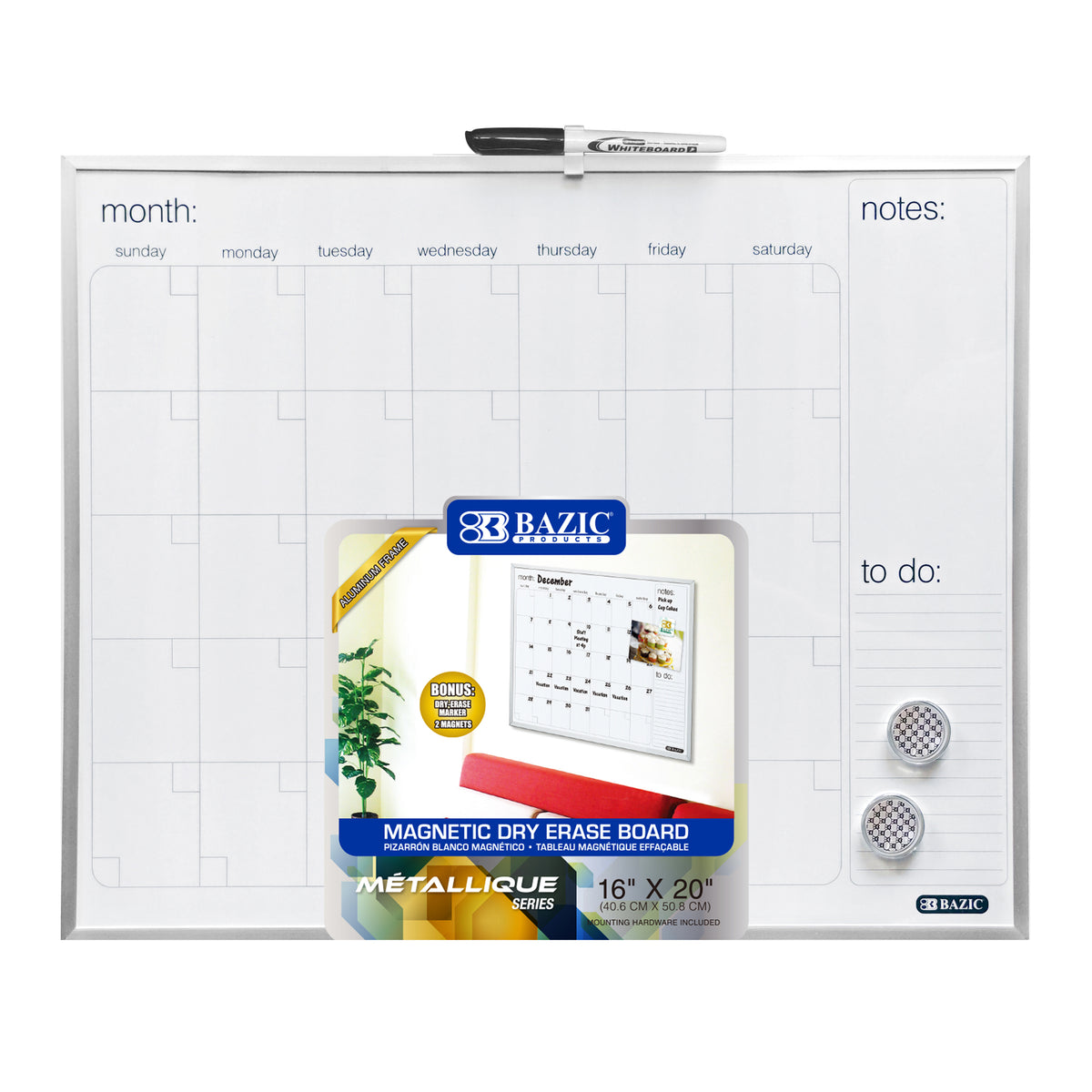 Aluminum Frame Magnetic Dry Erase Calendar Board, 16 x 20 in
