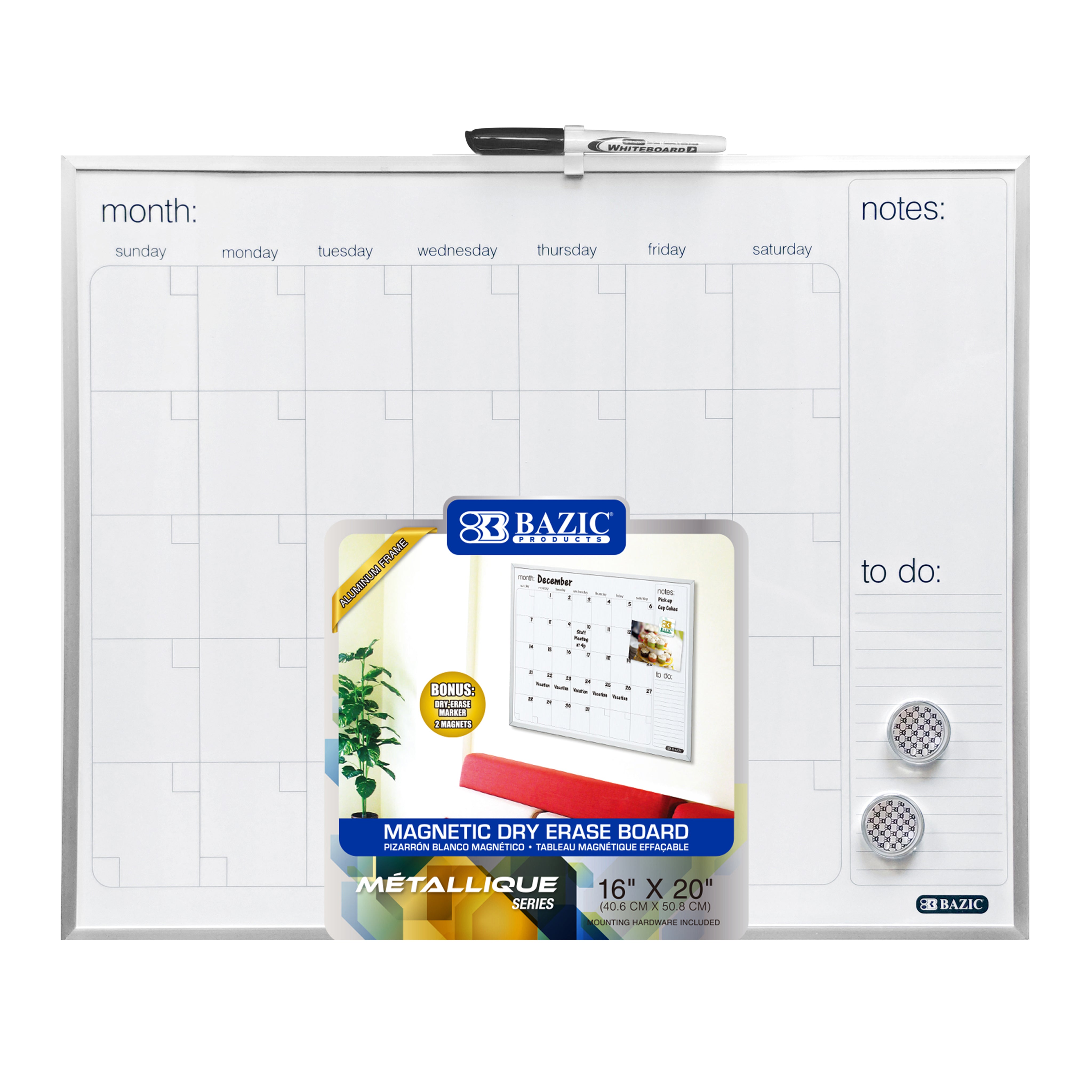 16" X 20" METALLIQUE Aluminum Frame Magnetic Dry Erase Calendar