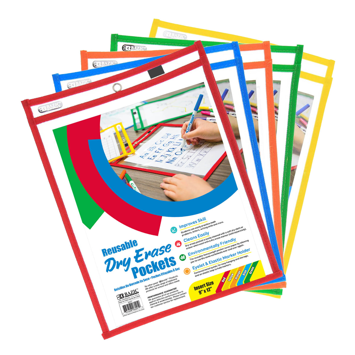 BAZIC Reusable Dry Erase Pockets with Marker Holder, 5 boards