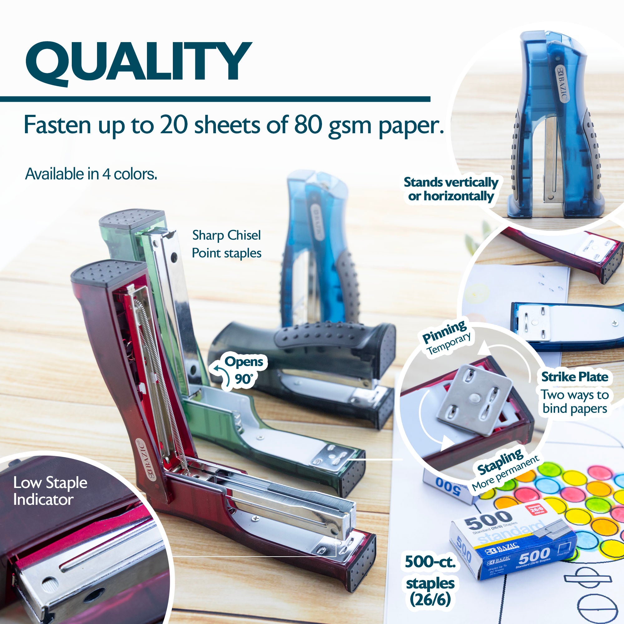 Compact Stand-Up Stapler, 26/6, with 500 Staples