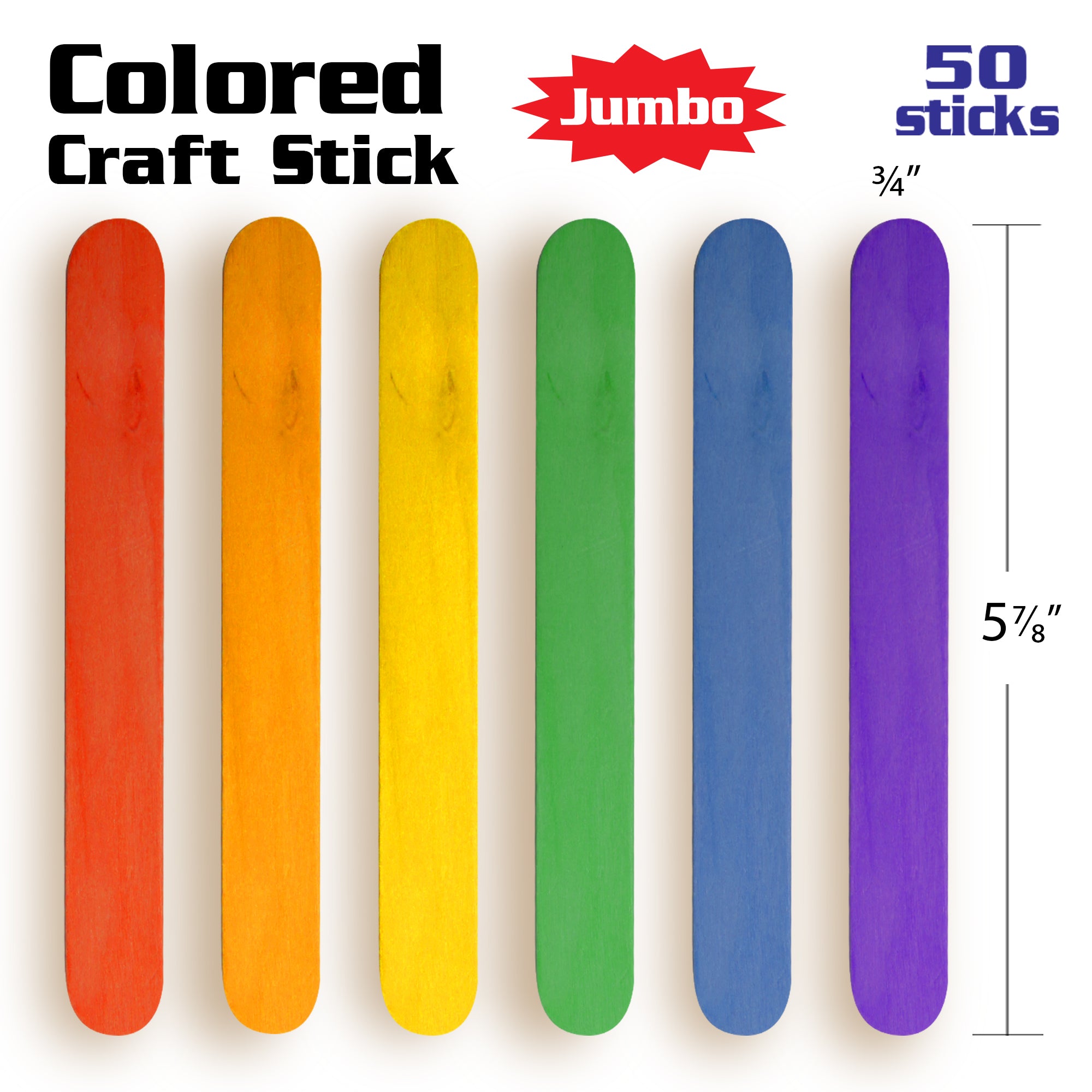 Popsicle Sticks for Crafts, 50 Count, Jumbo Colored Wood