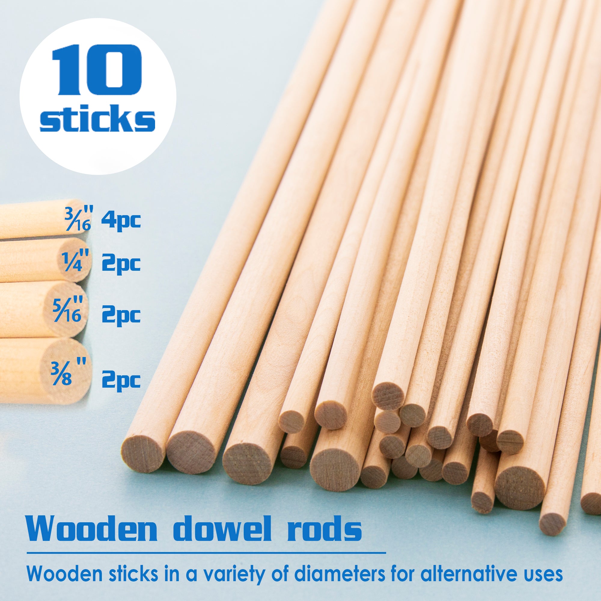 Natural Wooden Dowels, Assorted Sizes, 12 in, 10 Pack