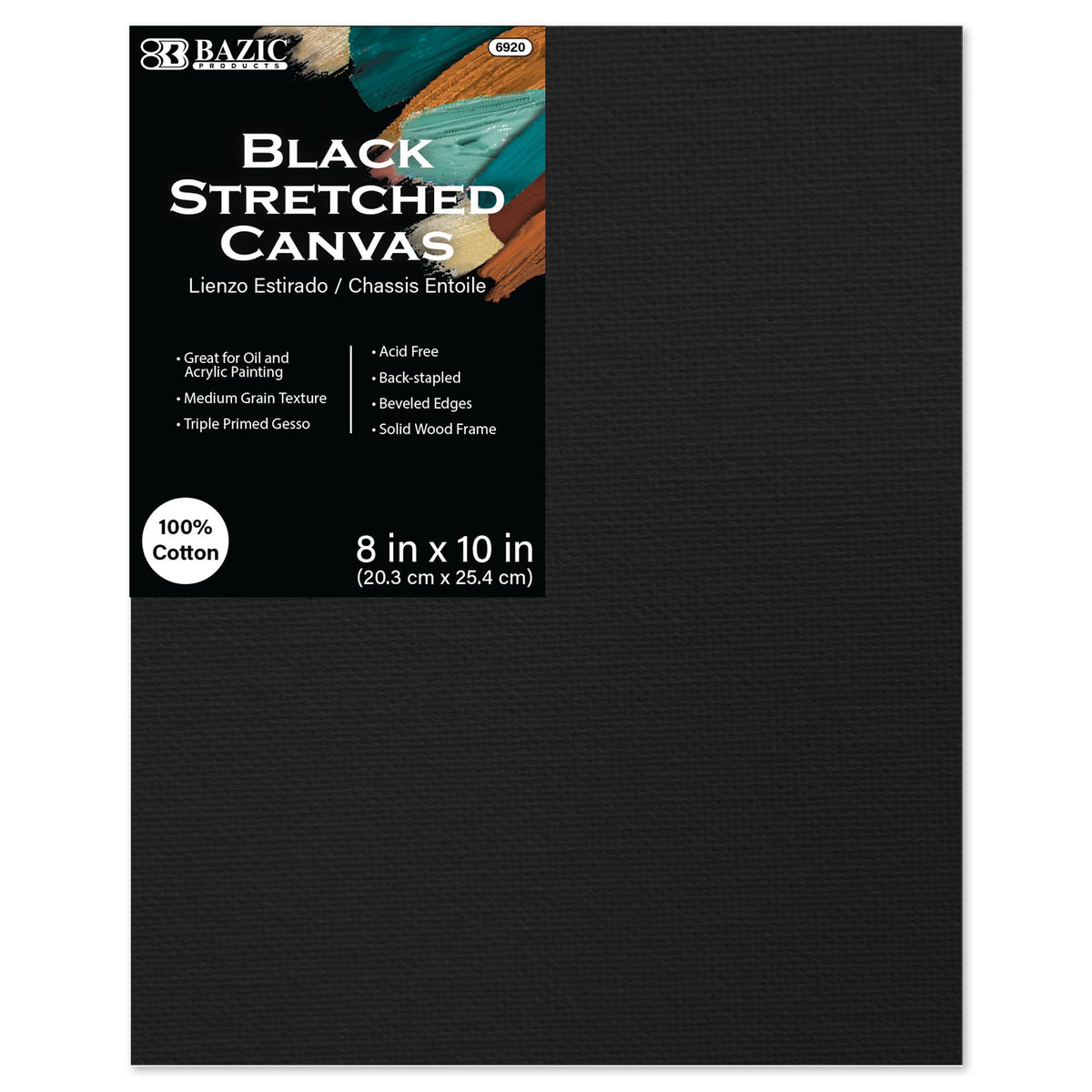 Black Stretched Canvas, Triple-Primed Cotton, 8 x 10 in