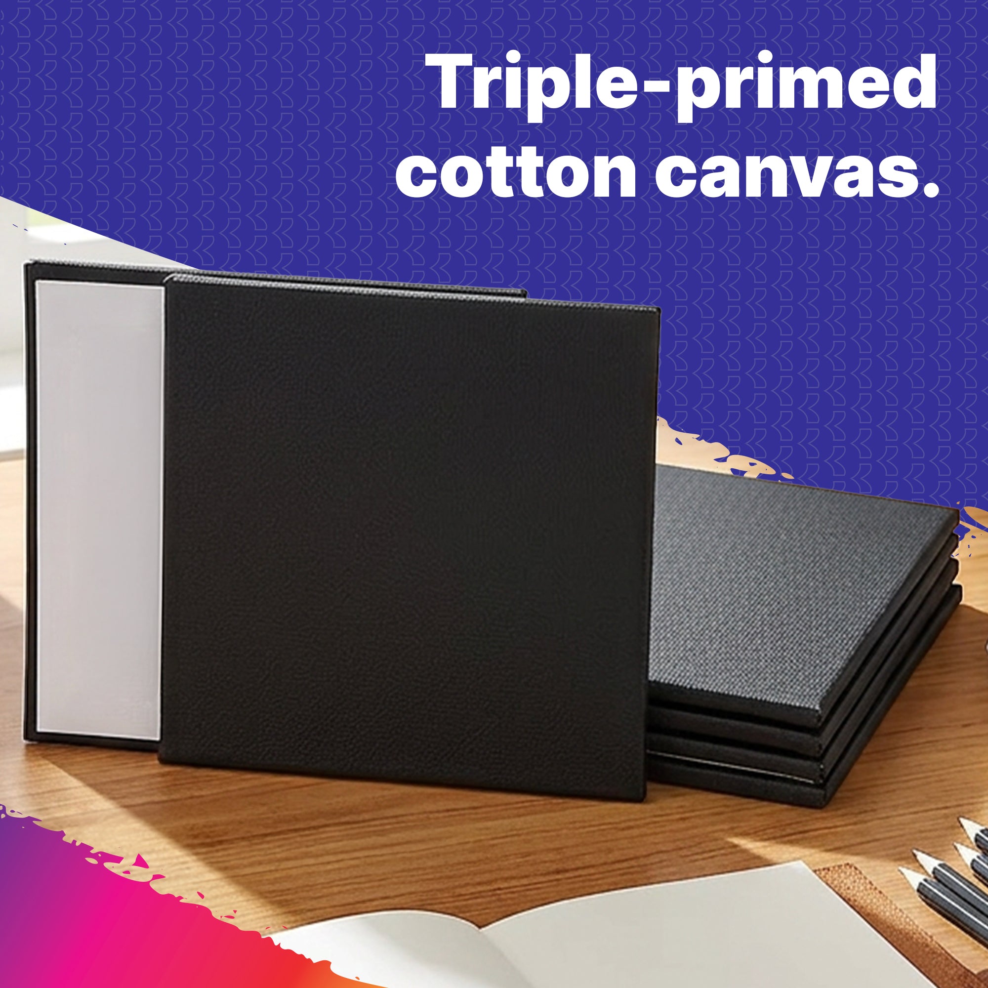 Black Canvas Panel, 8 x 8 in, 100% Cotton Triple-Primed