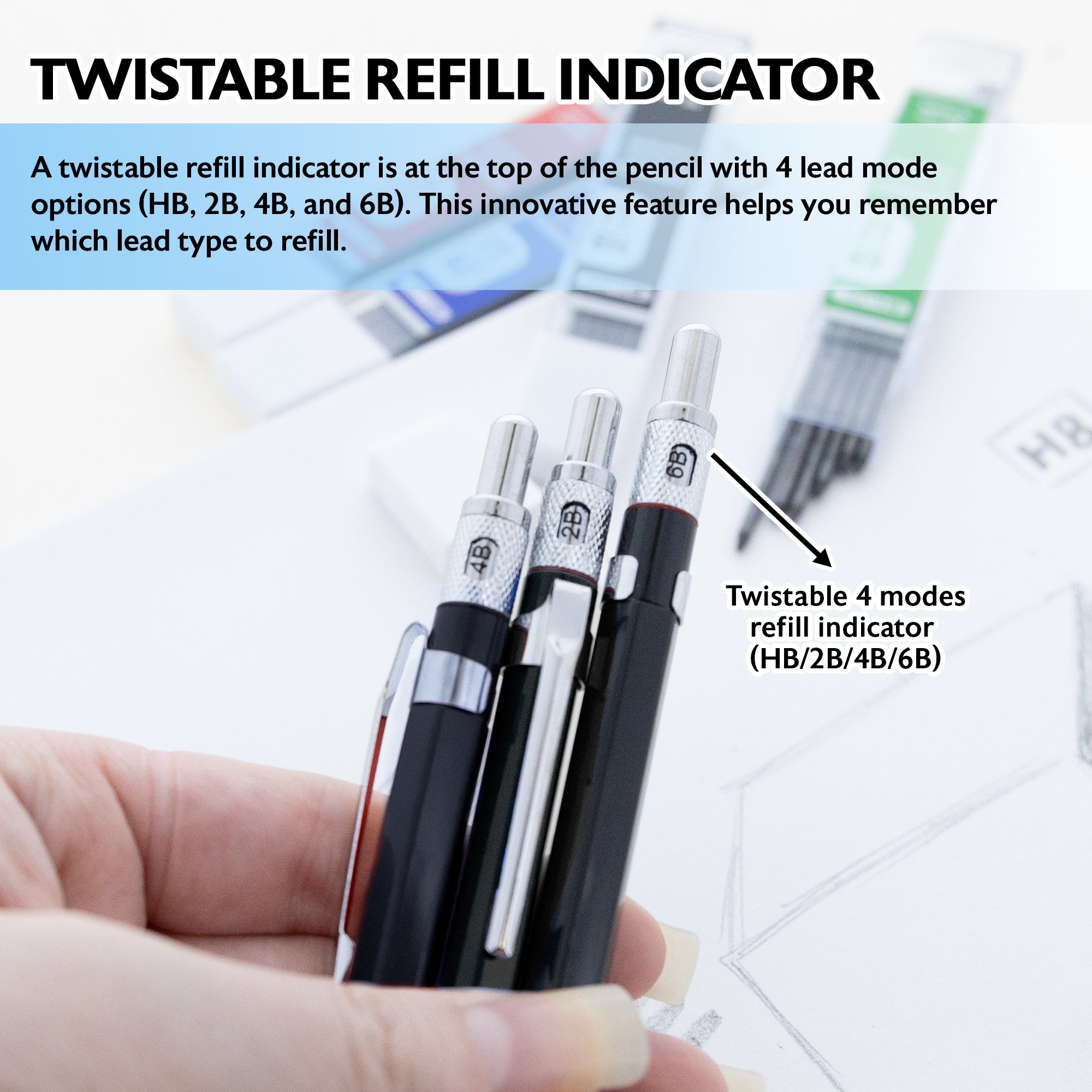 2.0 mm Drawing & Sketching Mechanical Pencil w/ Ceramic High-Quality HB 2B 4B 6B Lead