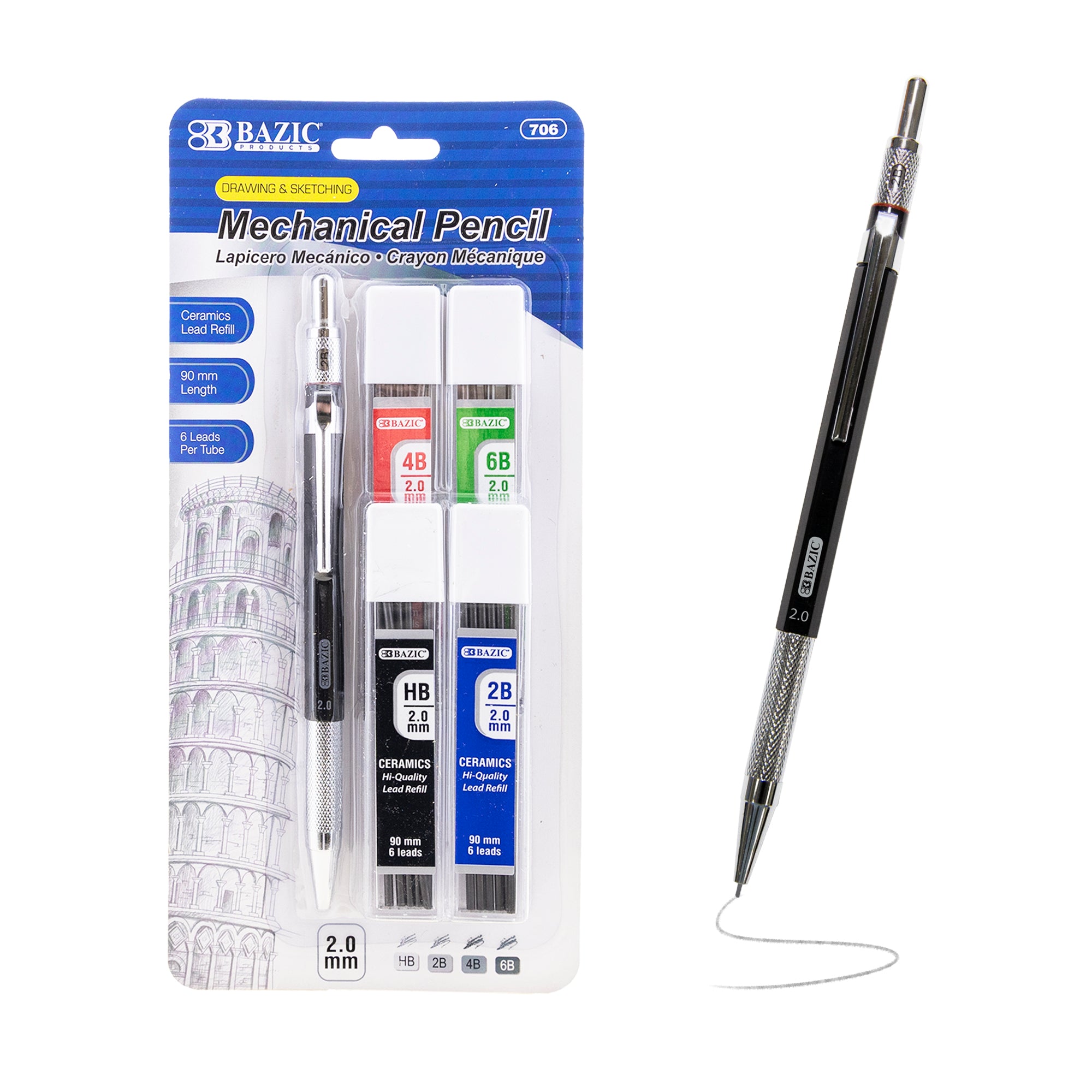 2.0 mm Drawing & Sketching Mechanical Pencil w/ Ceramic High-Quality HB 2B 4B 6B Lead