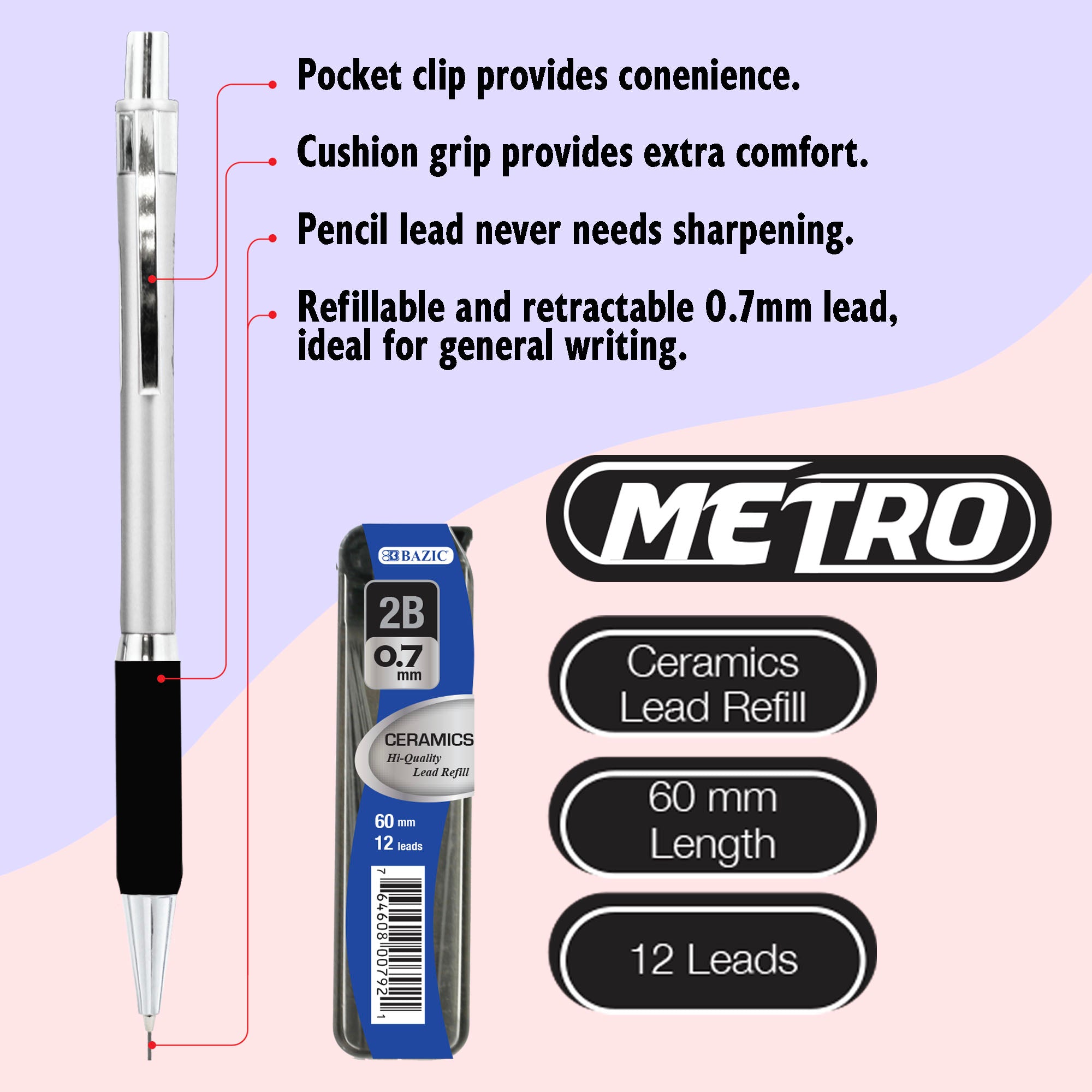 Metro 0.7 mm Mechanical Pencils, 1 Count, 2B Lead