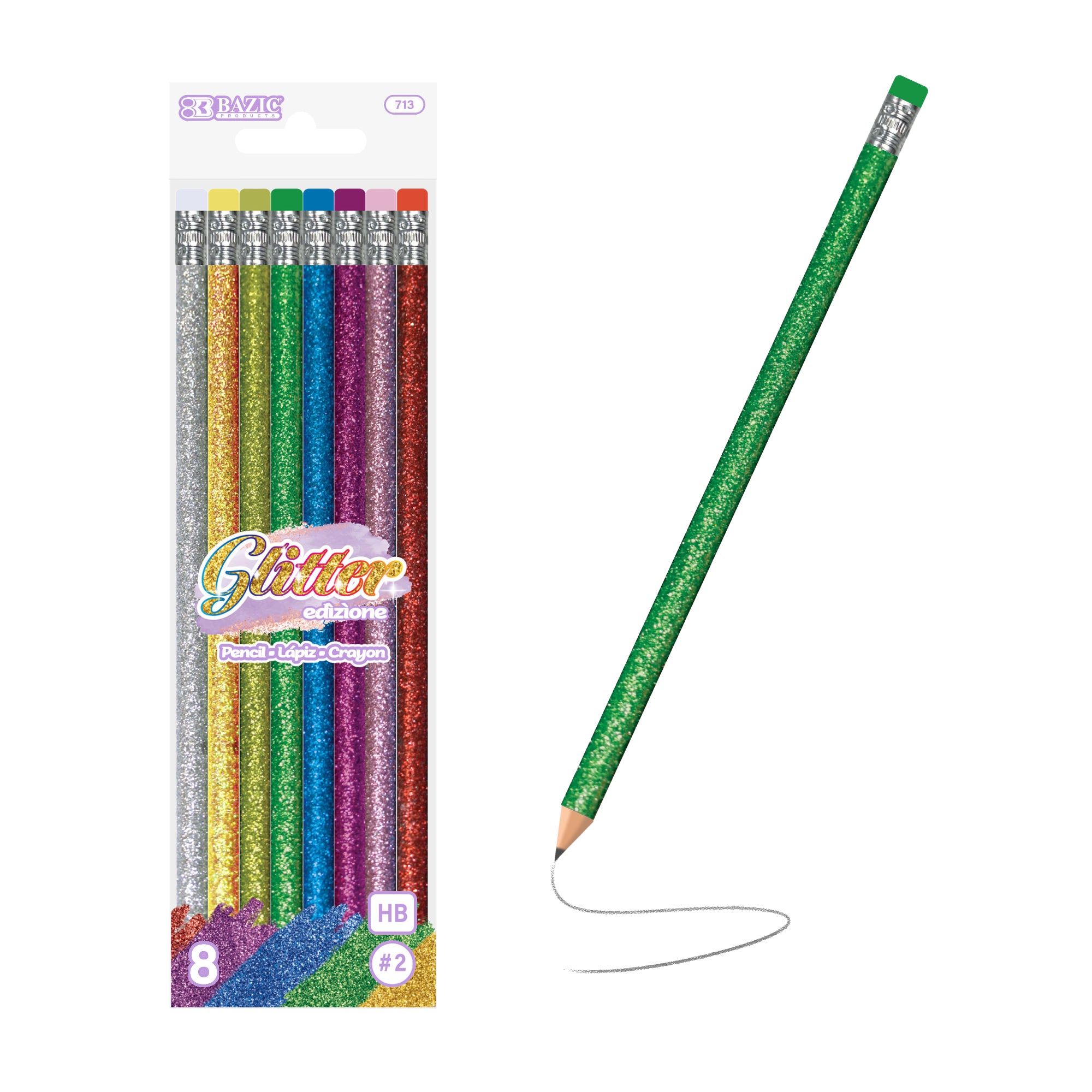 Glitter Pencils, #2 HB, 8 Count, Erasers, Assorted Colors