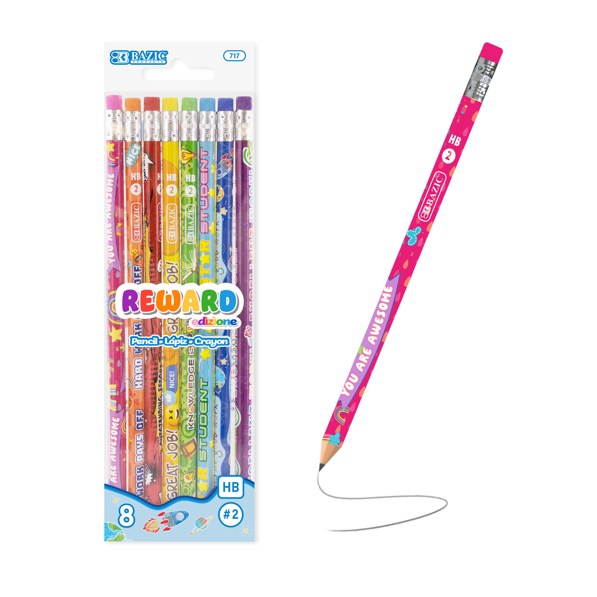 Reward #2 Pencils, Assorted Designs, Eraser
