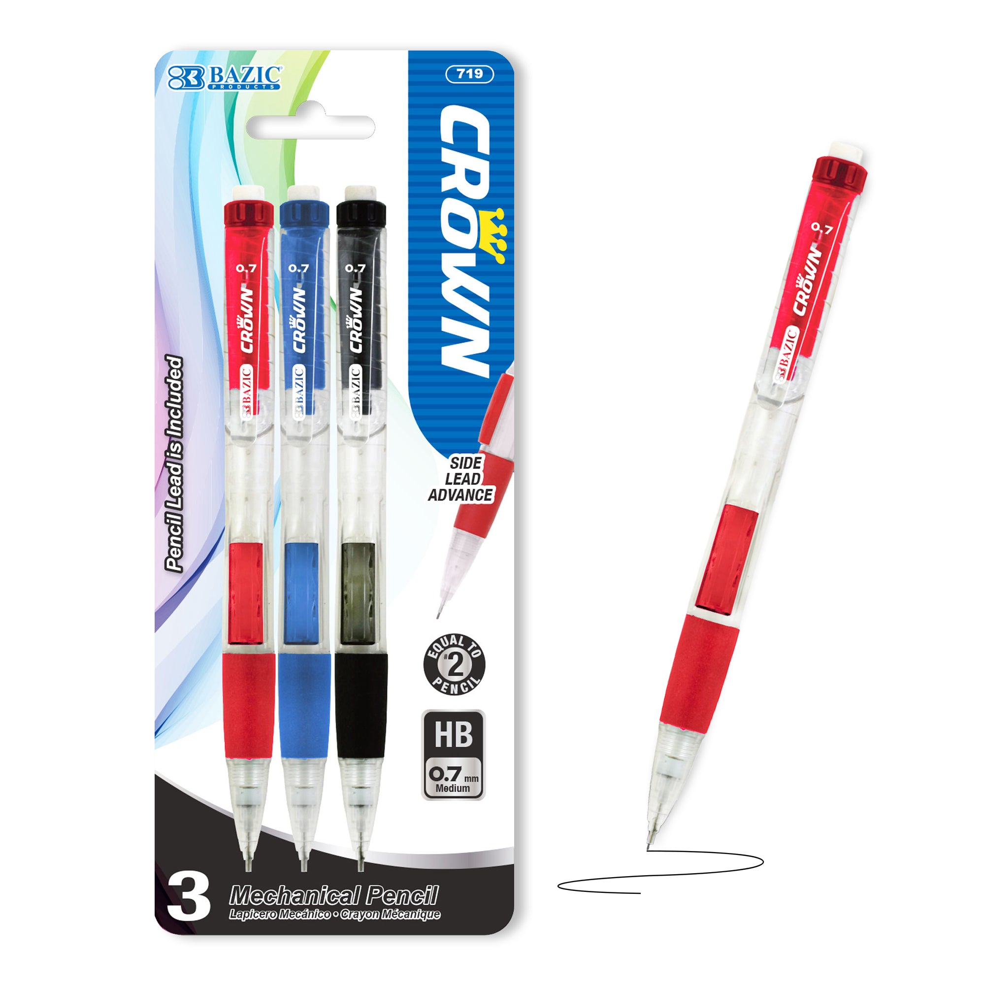 Crown 0.7 mm Mechanical Pencils, 3 Count, HB #2 Lead