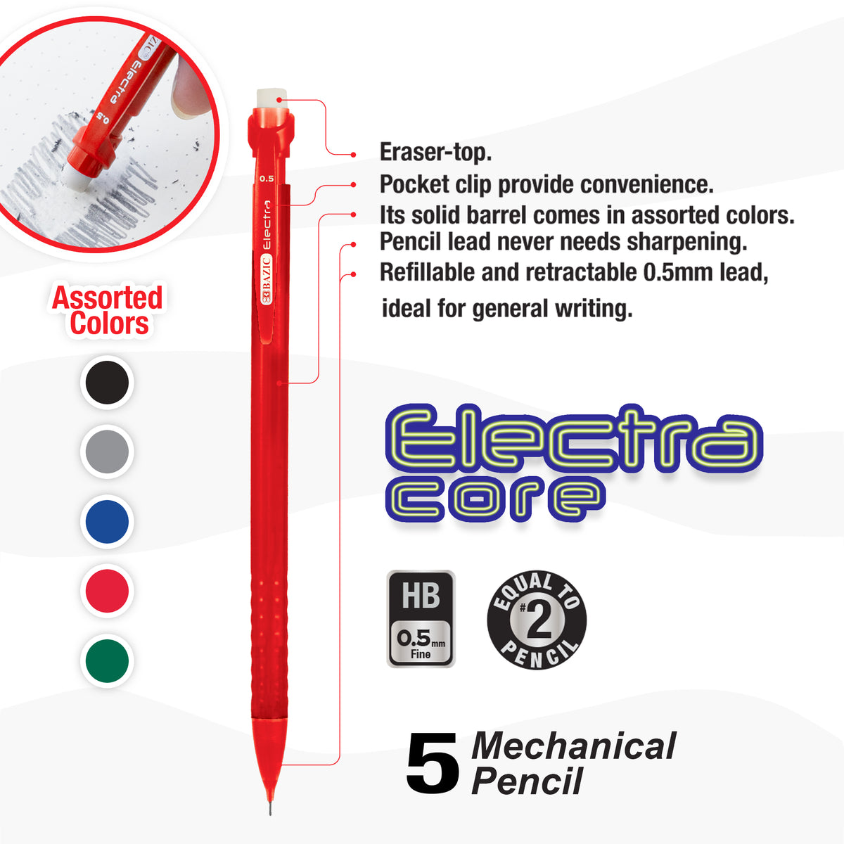 5 mechanical pencils in assorted colors with eraser tops, pocket clips and refillable, retractable 0.5 mm HB #2 lead.