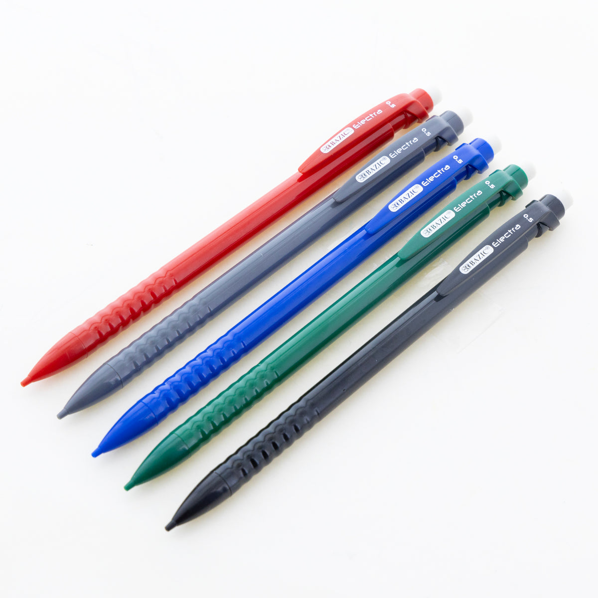 Five 0.5 mm mechanical pencils in red, gray, blue, green and black, with ridged grips, pocket clips and white erasers.