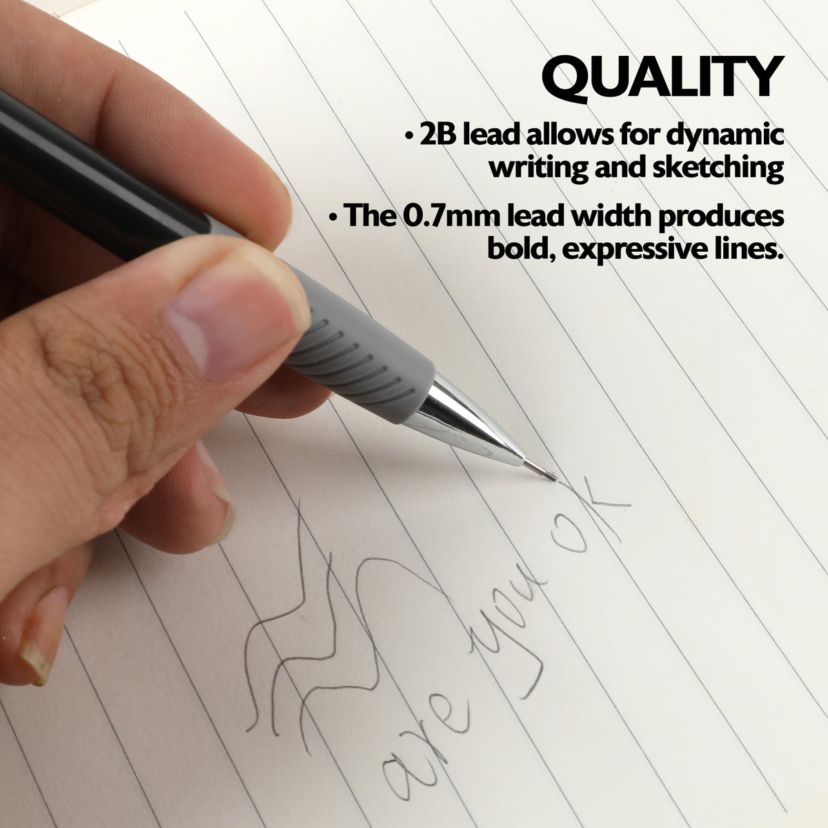 Hand writing with pencil. Quality: 2B lead for dynamic writing and sketching; 0.7mm lead makes bold, expressive lines.