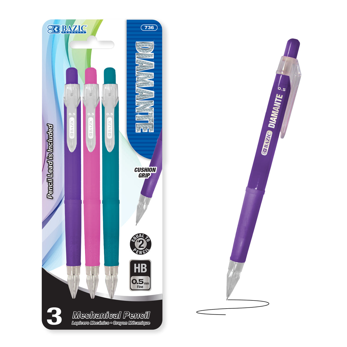 BAZIC Diamante 0.5 mm Mechanical Pencils, HB Lead, Grip
