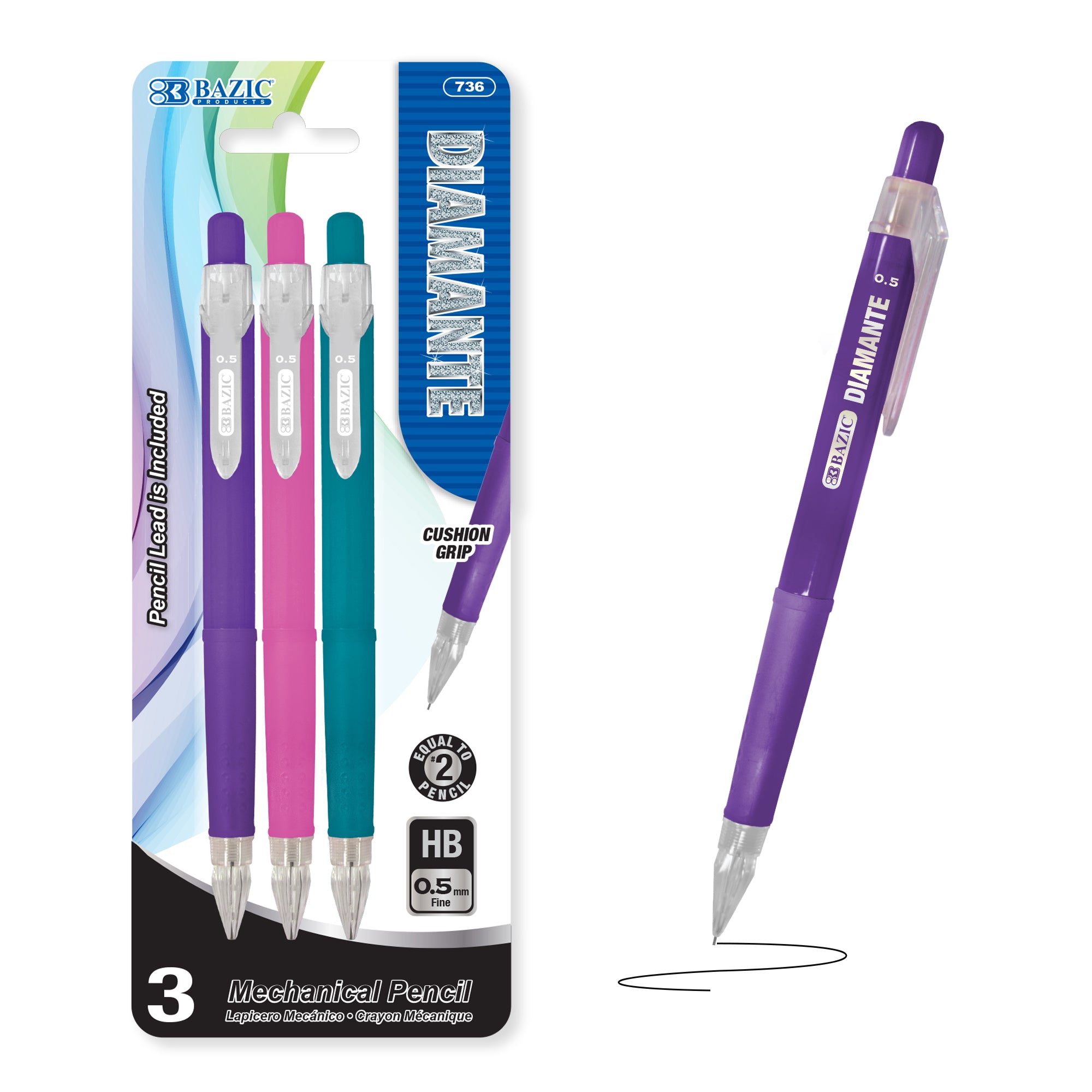 Diamante 0.5 mm Mechanical Pencils, 3 Count, HB Lead