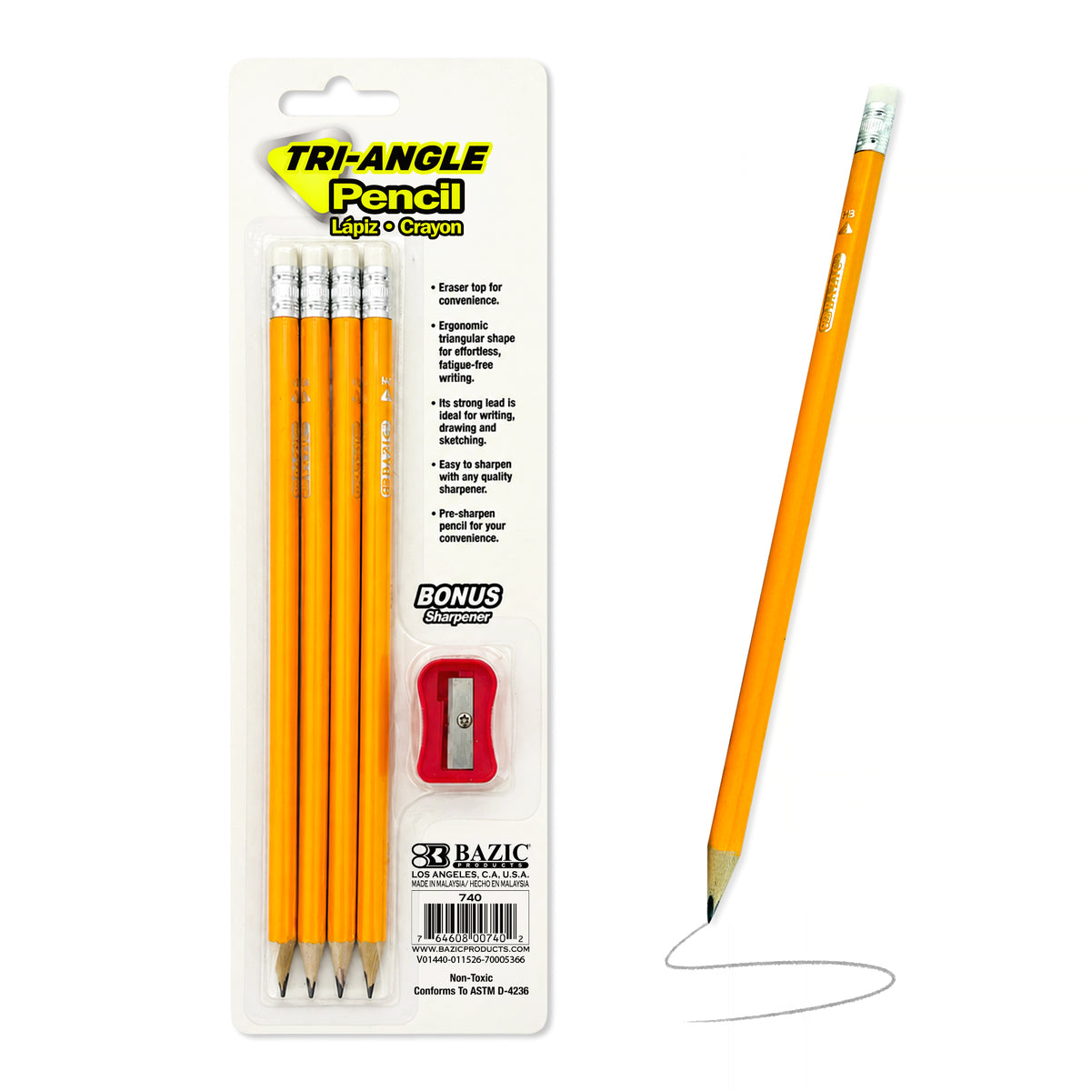 BAZIC #2 Triangle Yellow Pencils with Sharpener
