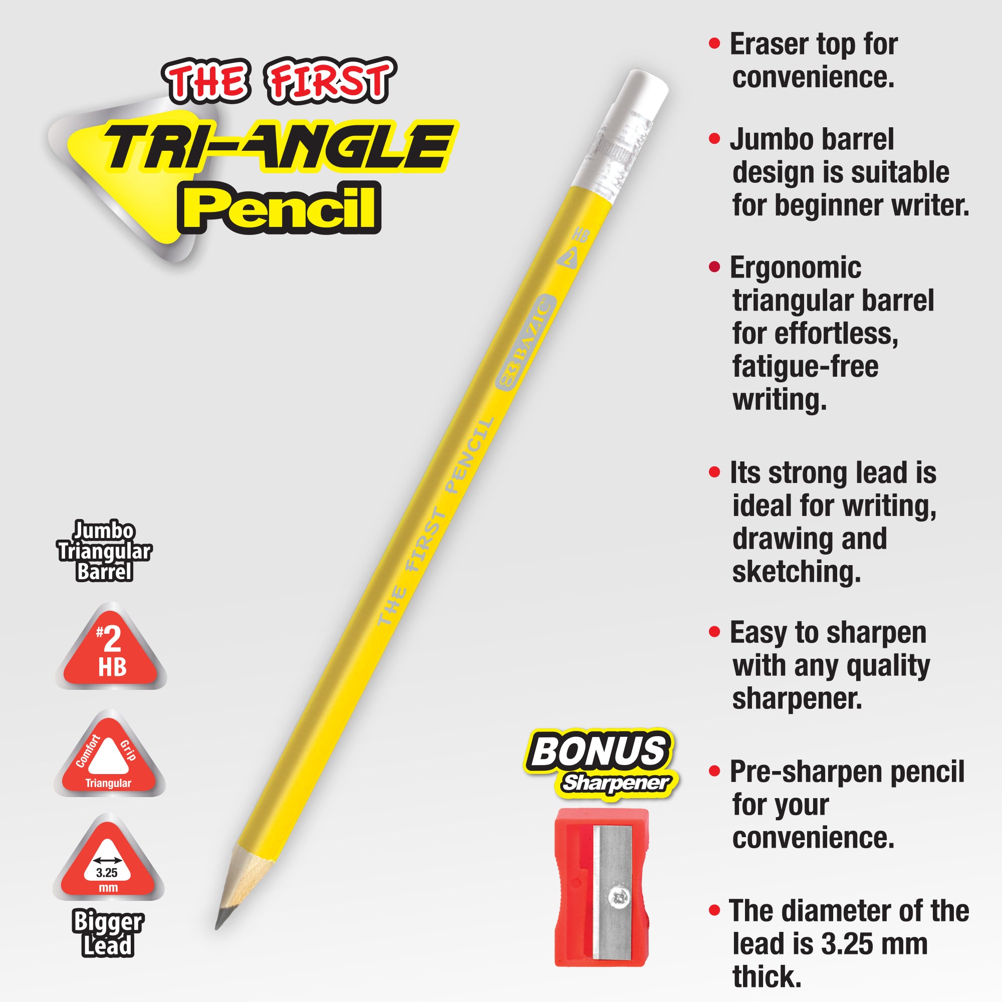 BAZIC The First Tri-Angle Jumbo #2 HB Pencils with Eraser & Sharpener, Bigger 3.25mm Lead, 3 Count
