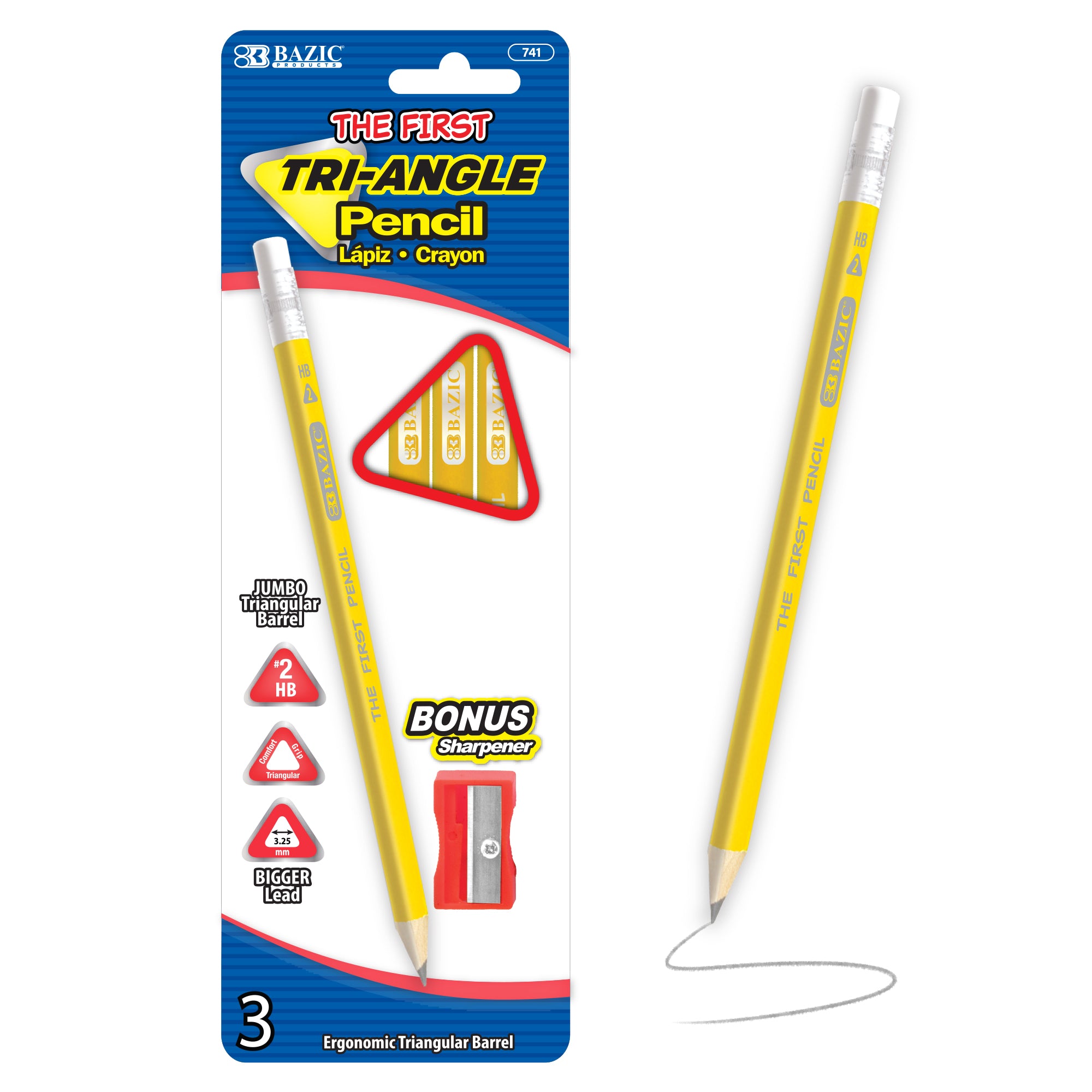 Pencils, Jumbo Triangular #2 HB, 3 Count with Sharpener
