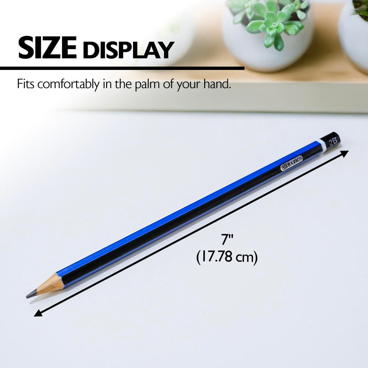 Blue and black 2B pencil measures 7 inches (17.78 cm). Fits comfortably in the palm of your hand.