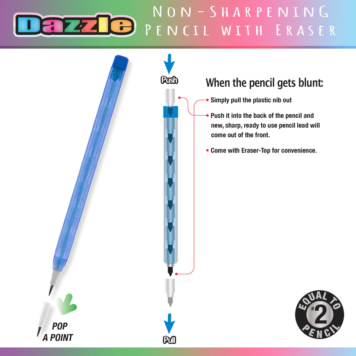 Non-sharpening pencil with eraser and #2 lead; pull out blunt nib and push it into the back to reveal a sharp point.