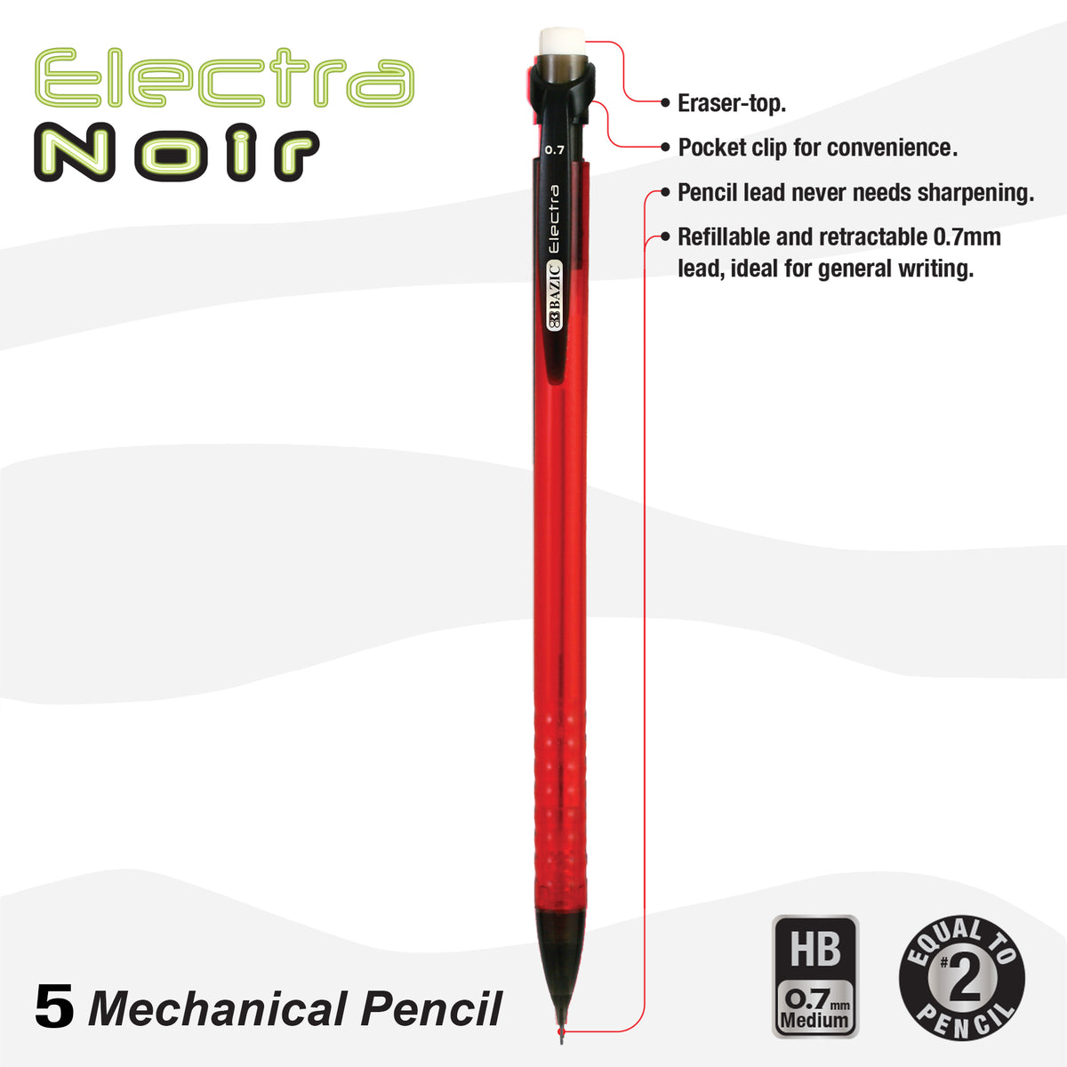 5 pencils with HB #2 0.7 mm lead; red pencil shows eraser and clip. Refillable, retractable lead needs no sharpening.