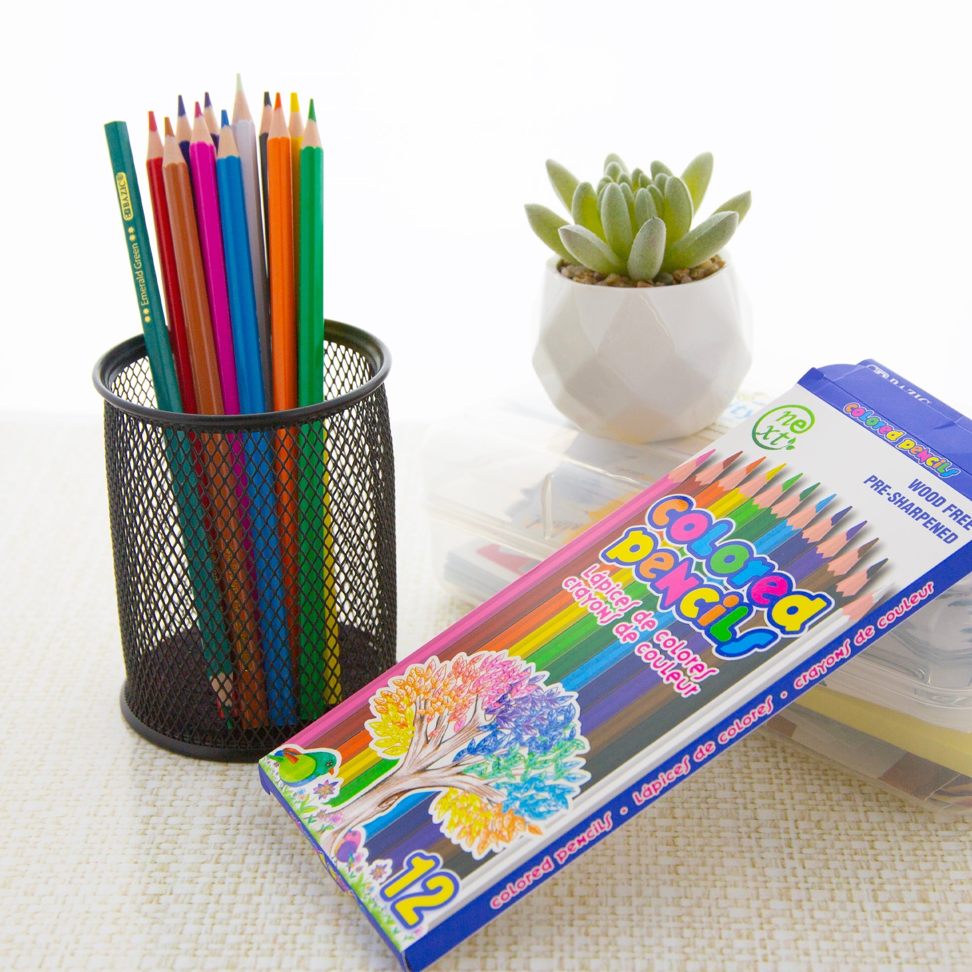 Next Colored Pencils, 12 Colors, Wood-Free, Pre-Sharpened – BAZIC