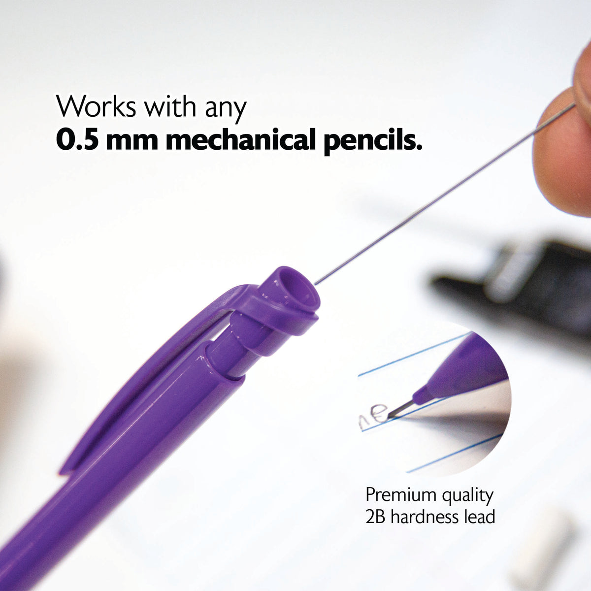 Lead loaded into a purple pencil; works with any 0.5 mm mechanical pencils. Premium quality 2B hardness lead.