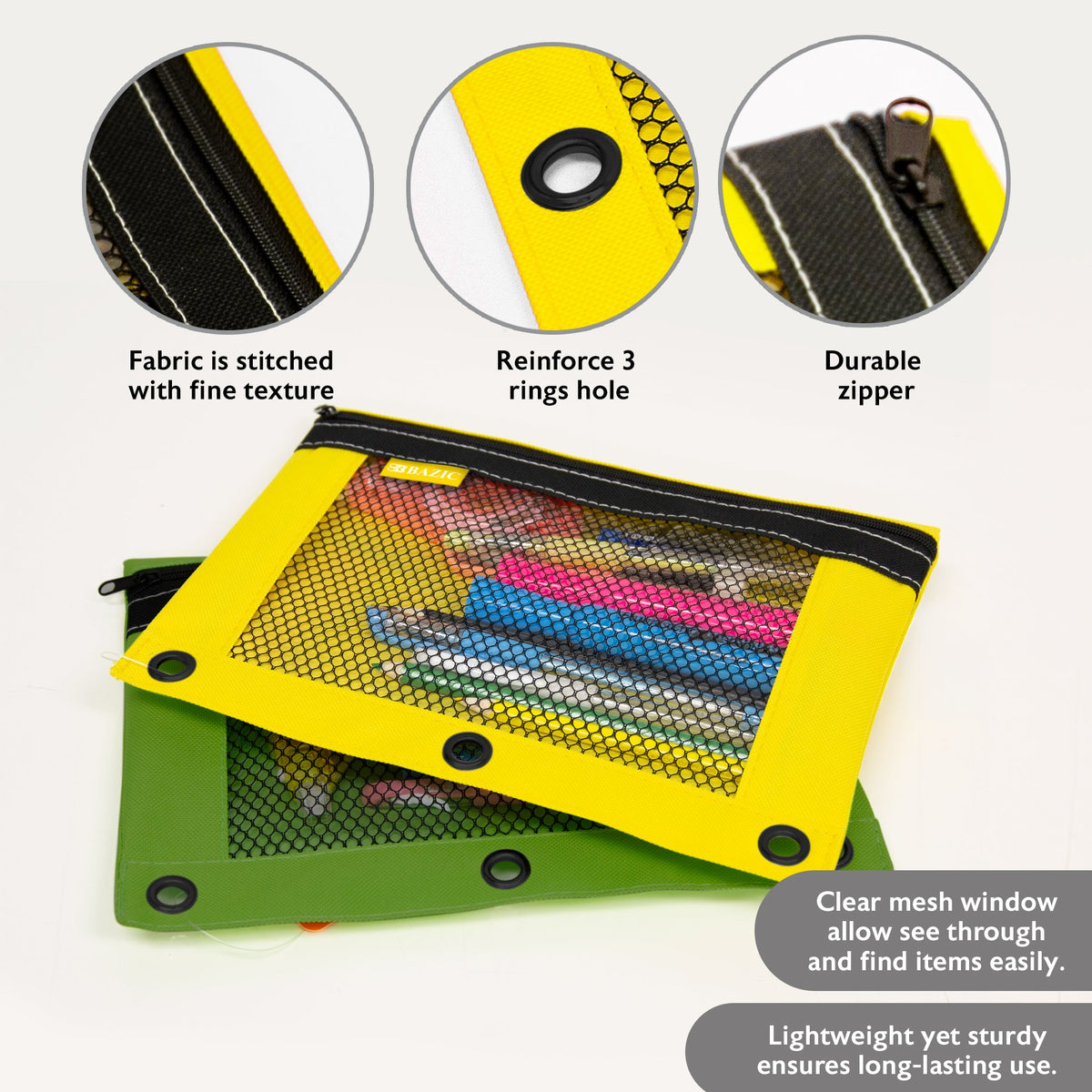 Bright Color 3-Ring Pencil Pouch with Mesh Window