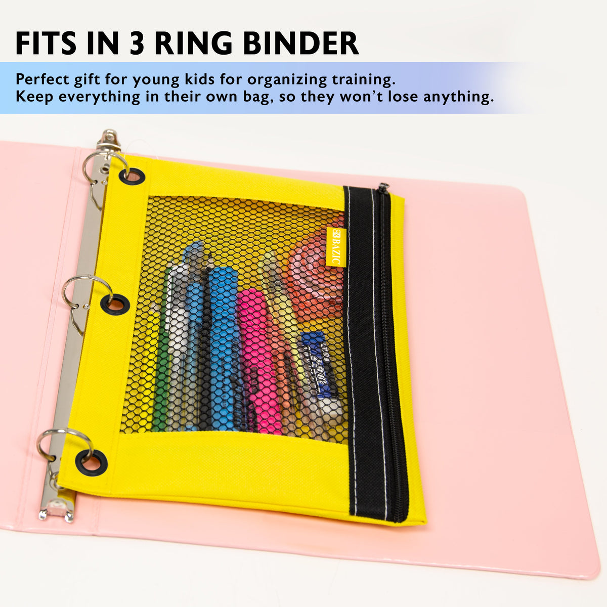 Bright Color 3-Ring Pencil Pouch with Mesh Window