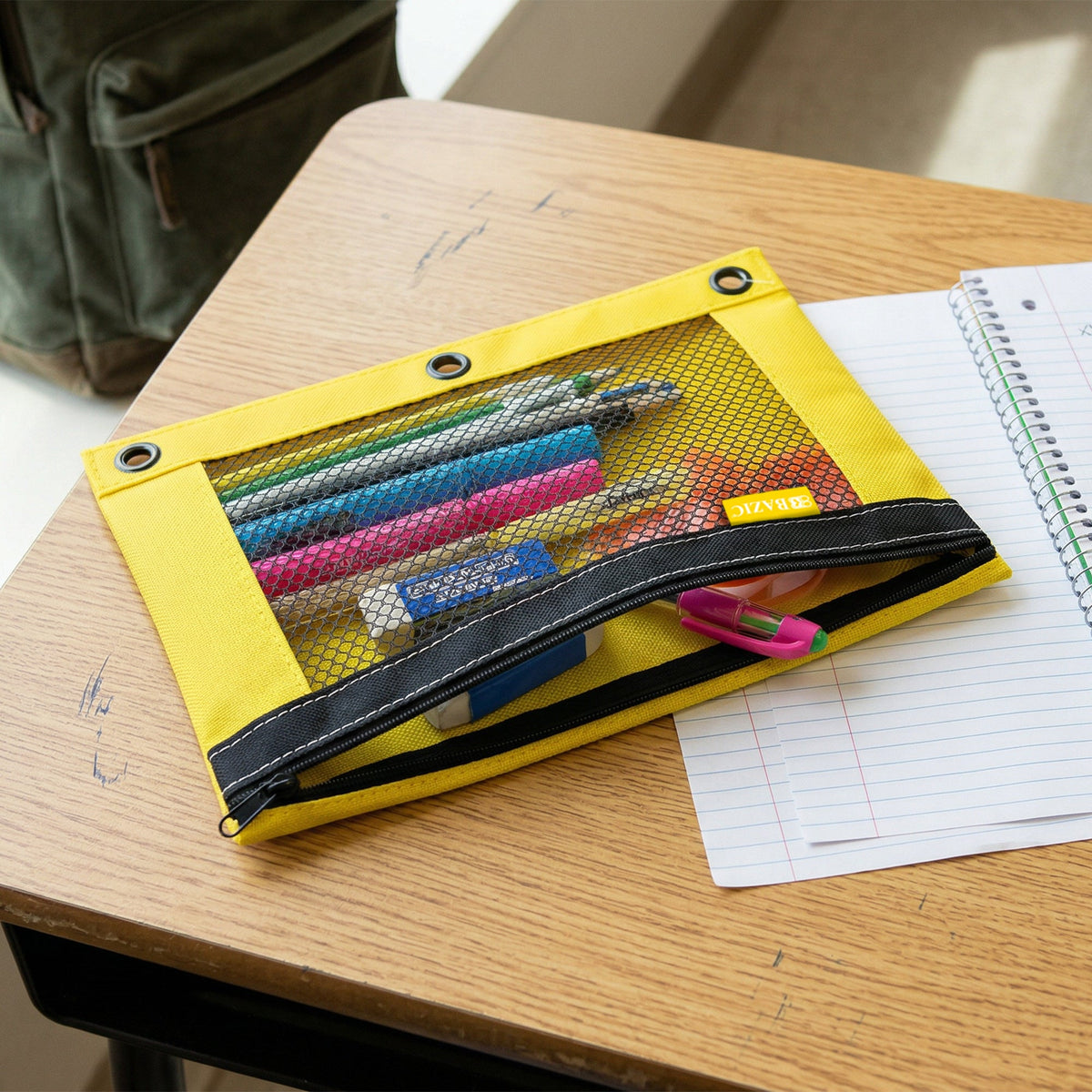 Bright Color 3-Ring Pencil Pouch with Mesh Window
