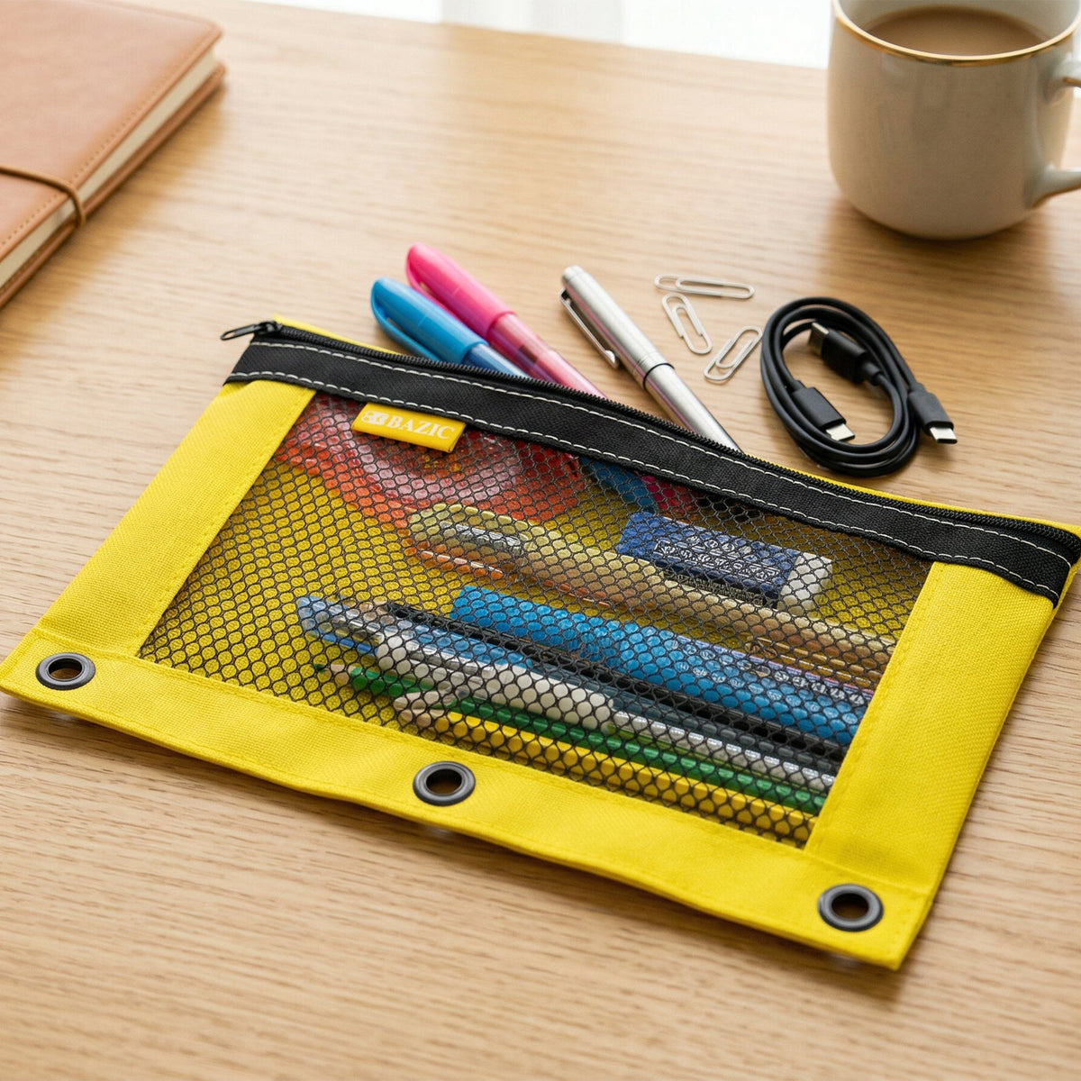 Bright Color 3-Ring Pencil Pouch with Mesh Window