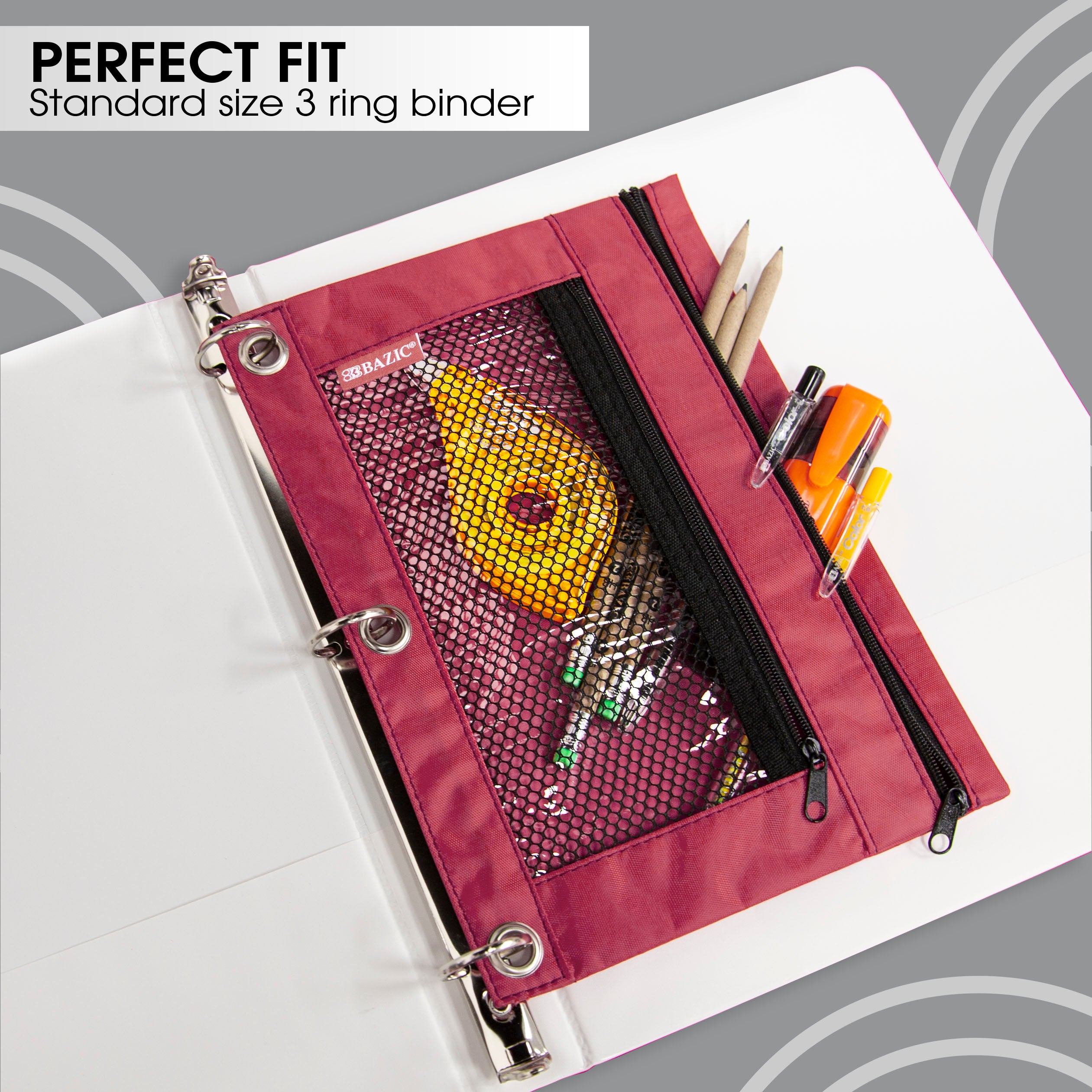 Double-Zipper 3-Ring Pencil Pouch with Mesh Window