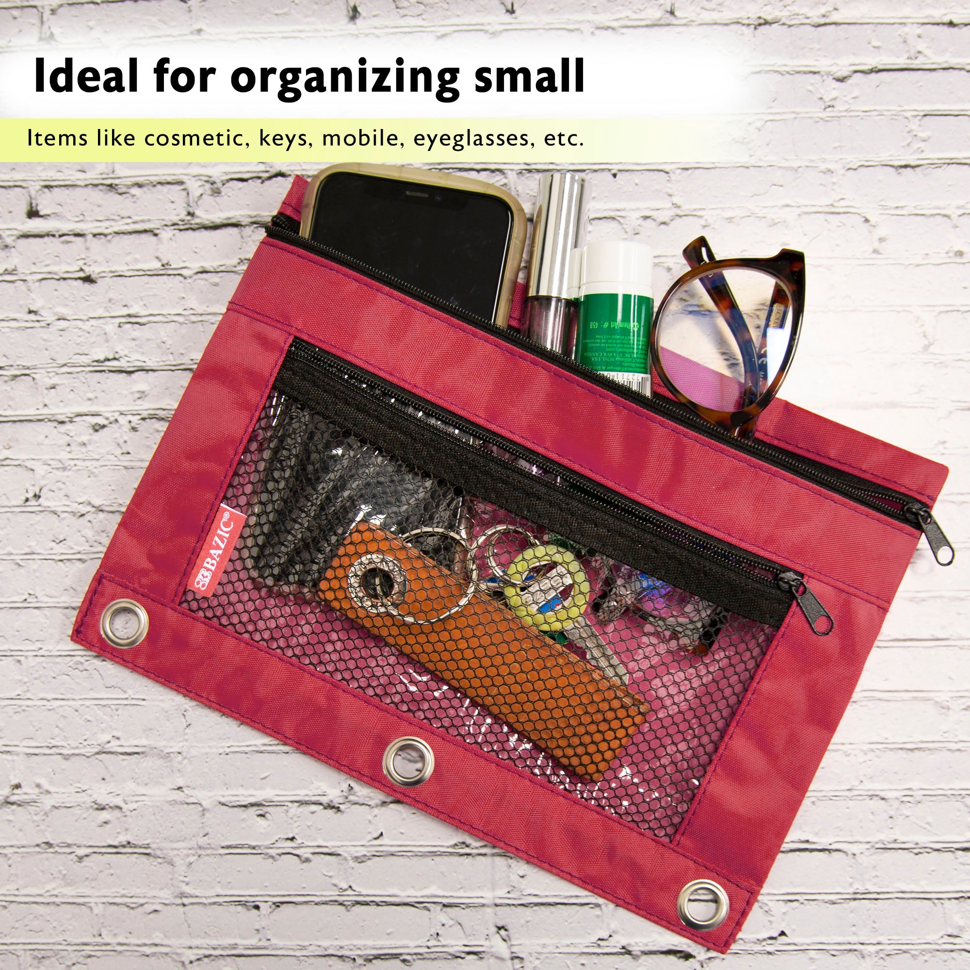 Double-Zipper 3-Ring Pencil Pouch with Mesh Window