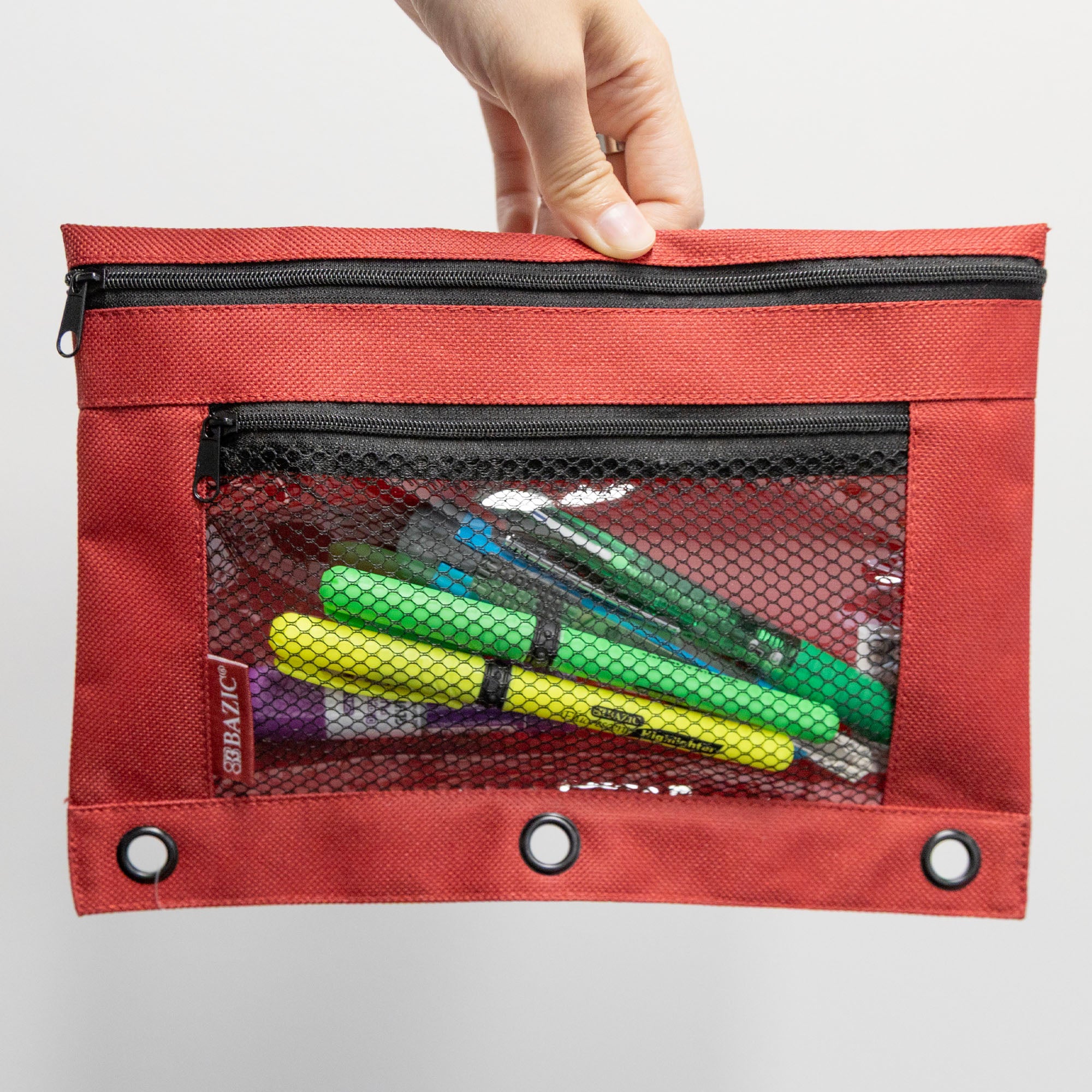 Double-Zipper 3-Ring Pencil Pouch with Mesh Window