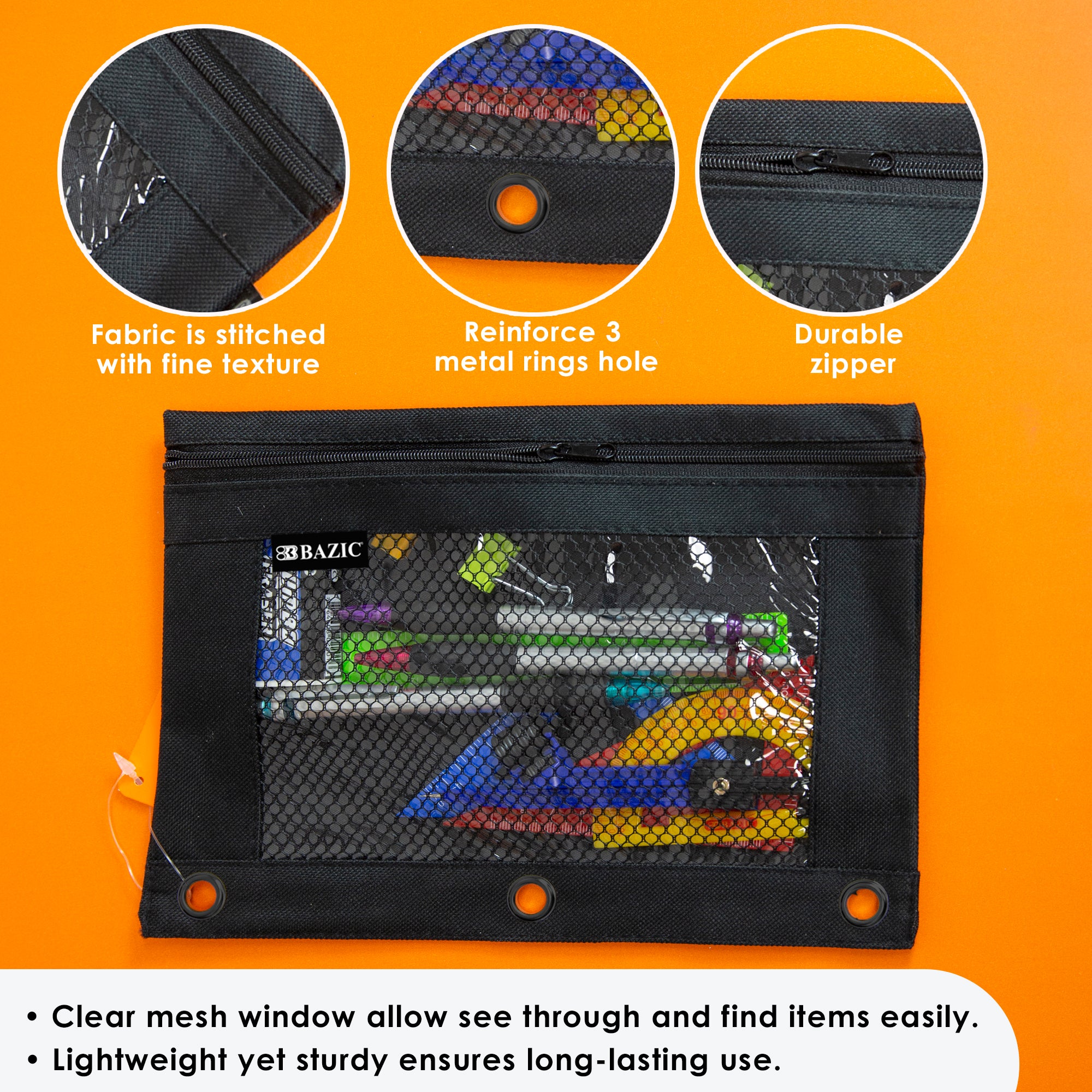 Black 3-Ring Pencil Pouch with Mesh Window