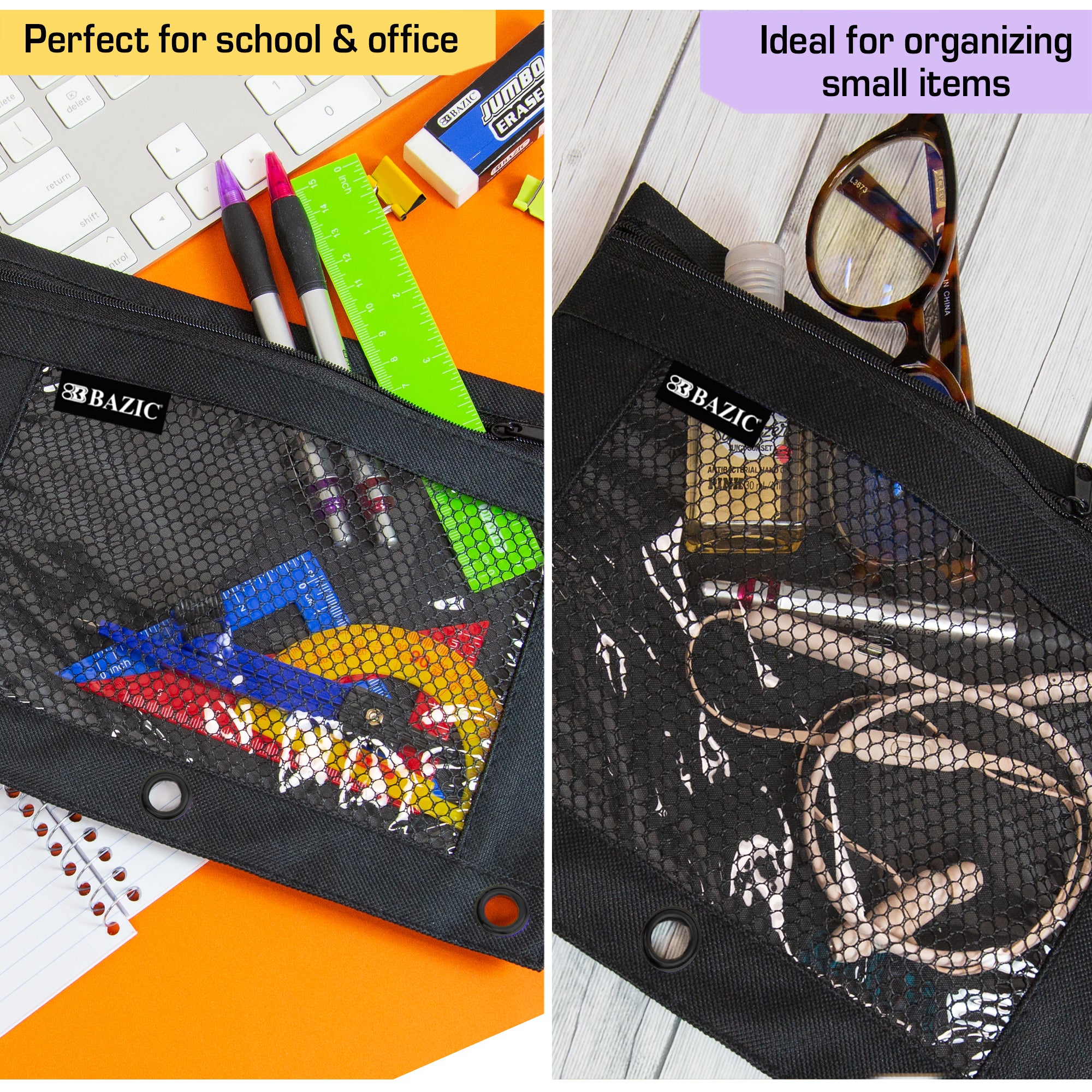 Black 3-Ring Pencil Pouch with Mesh Window