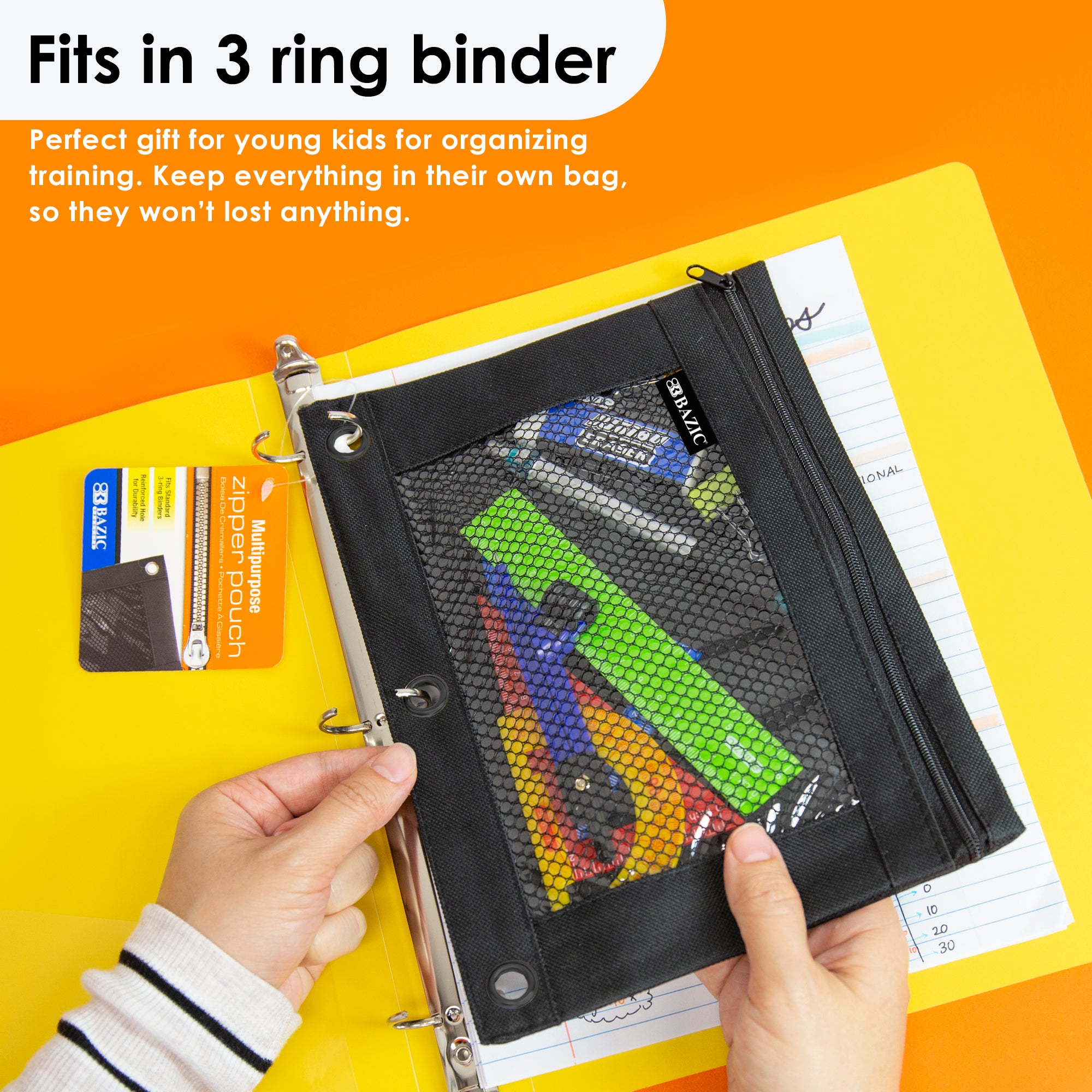 Black 3-Ring Pencil Pouch with Mesh Window