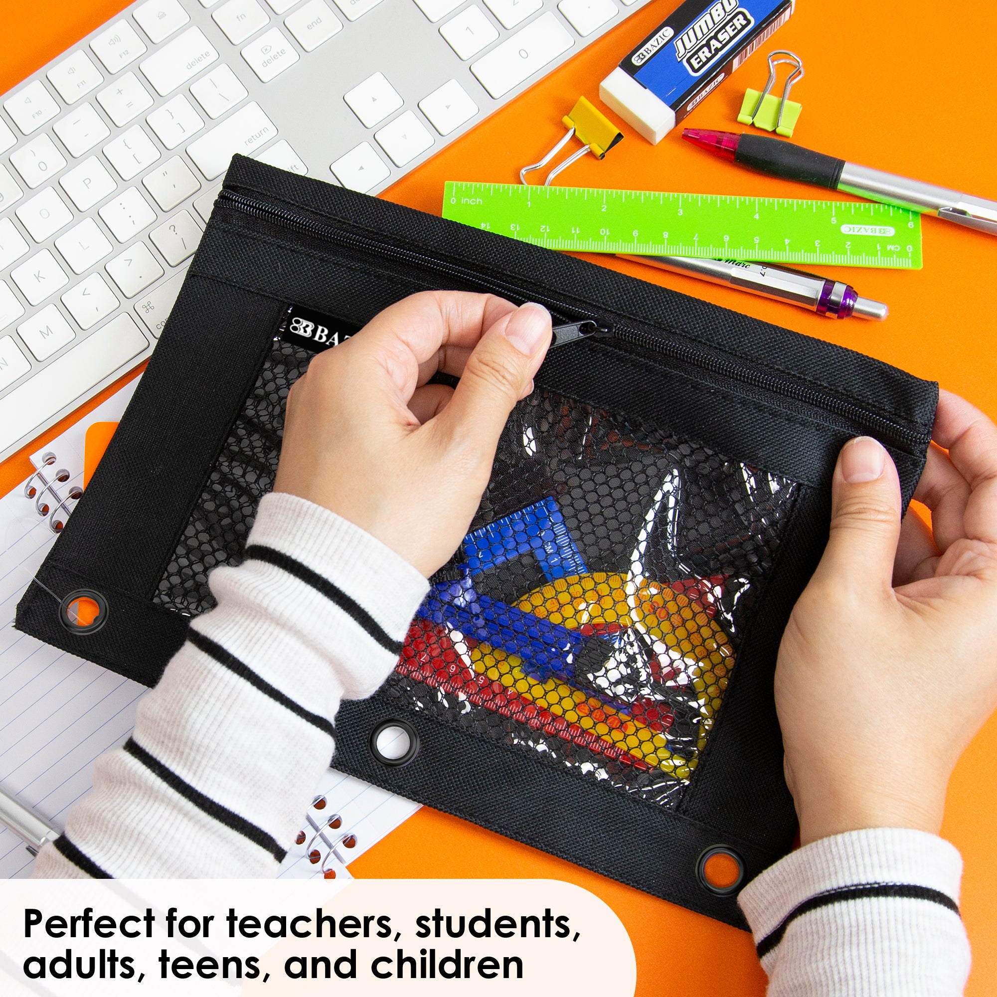 Black 3-Ring Pencil Pouch with Mesh Window