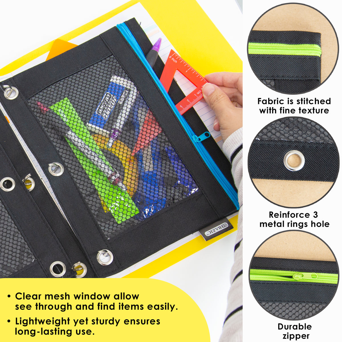 Black pouch with mesh window, lightweight sturdy textured fabric, 3 reinforced metal ring holes and durable neon zipper.