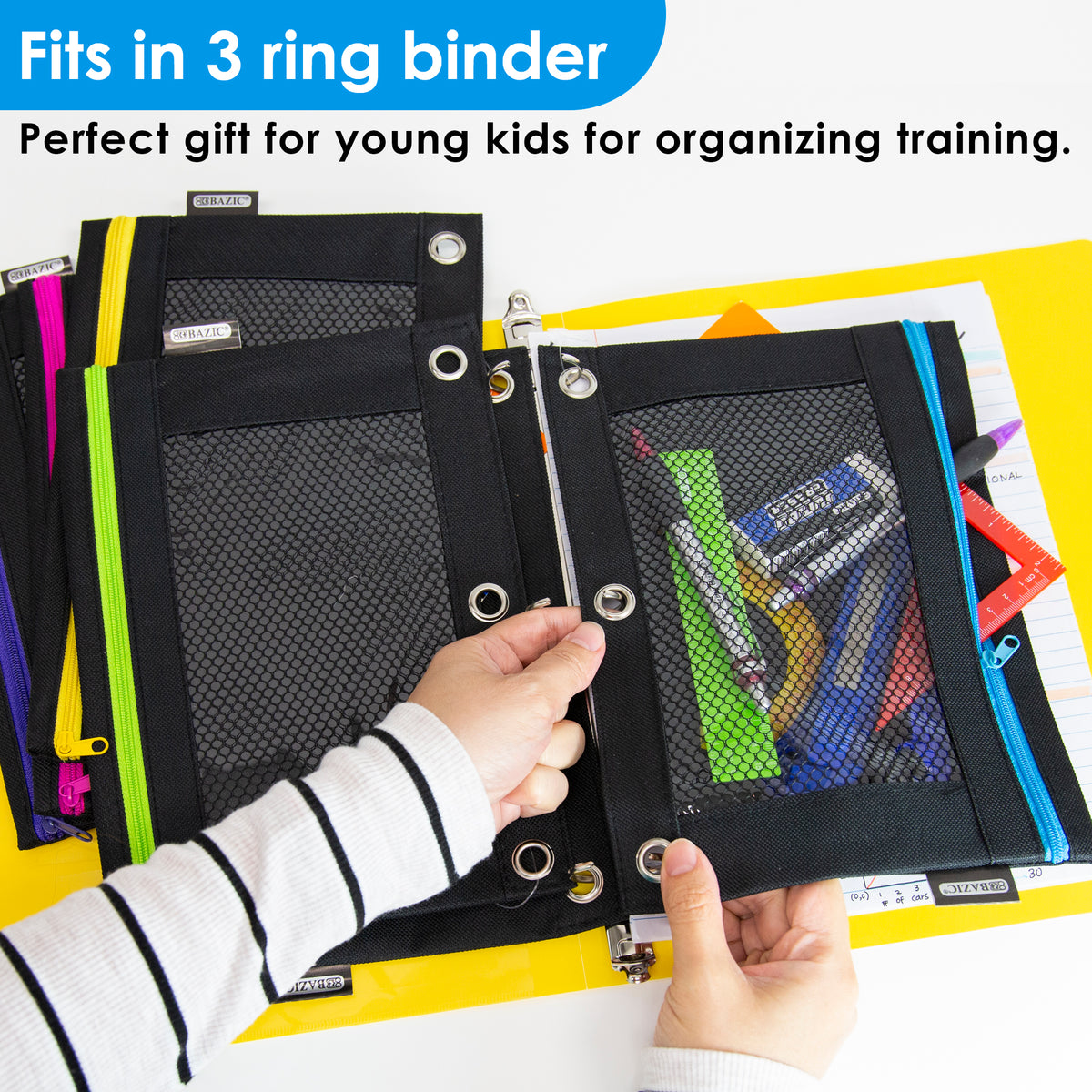 Black mesh pouches with neon zippers fit a 3-ring binder; perfect gift for young kids for organizing training.
