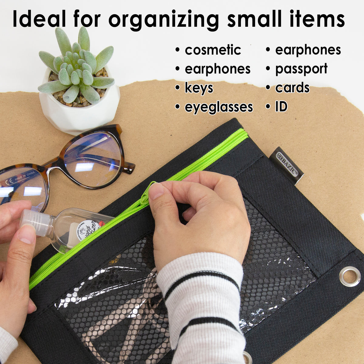 Black pouch with neon green zipper; ideal for organizing cosmetics, earphones, keys, eyeglasses, passports, cards and ID.