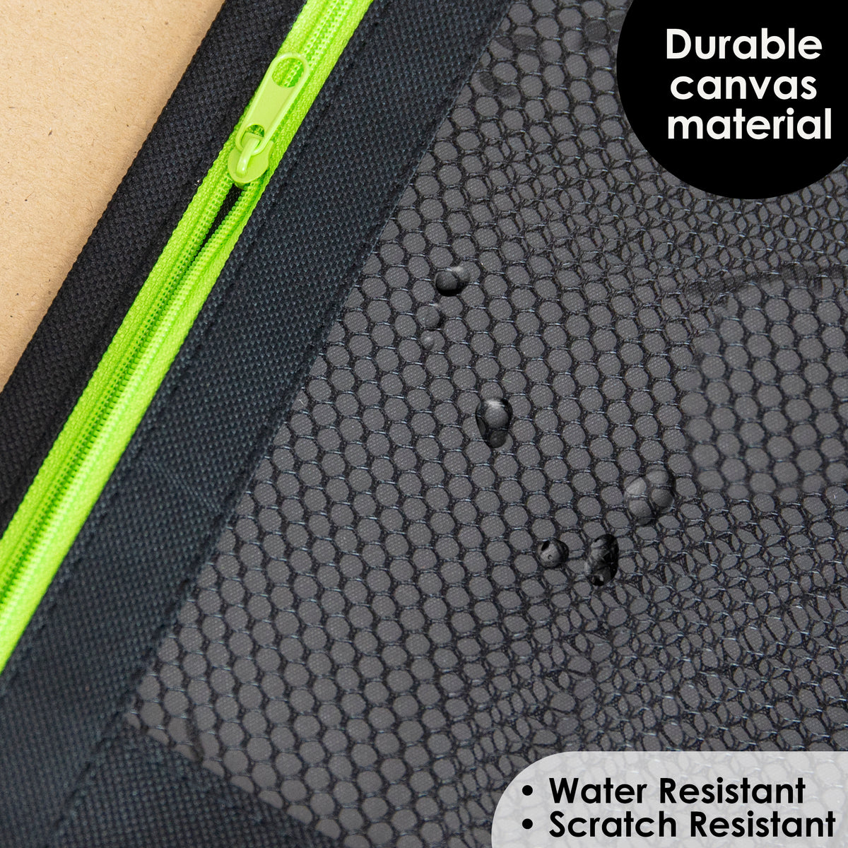 Black mesh pouch with neon green zipper; durable canvas material, water resistant and scratch resistant.
