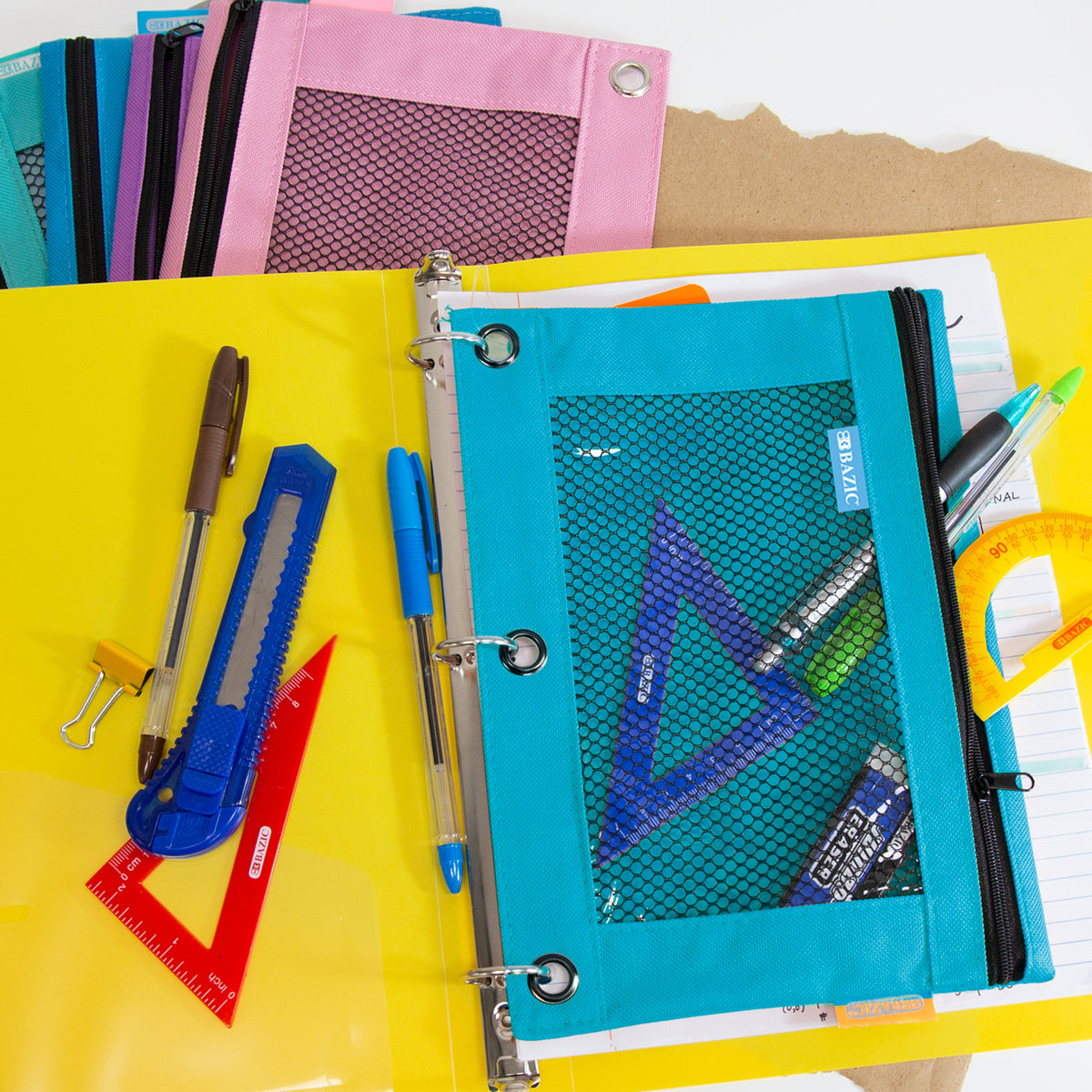 Retro Pastel 3-Ring Pencil Pouch with Mesh Window