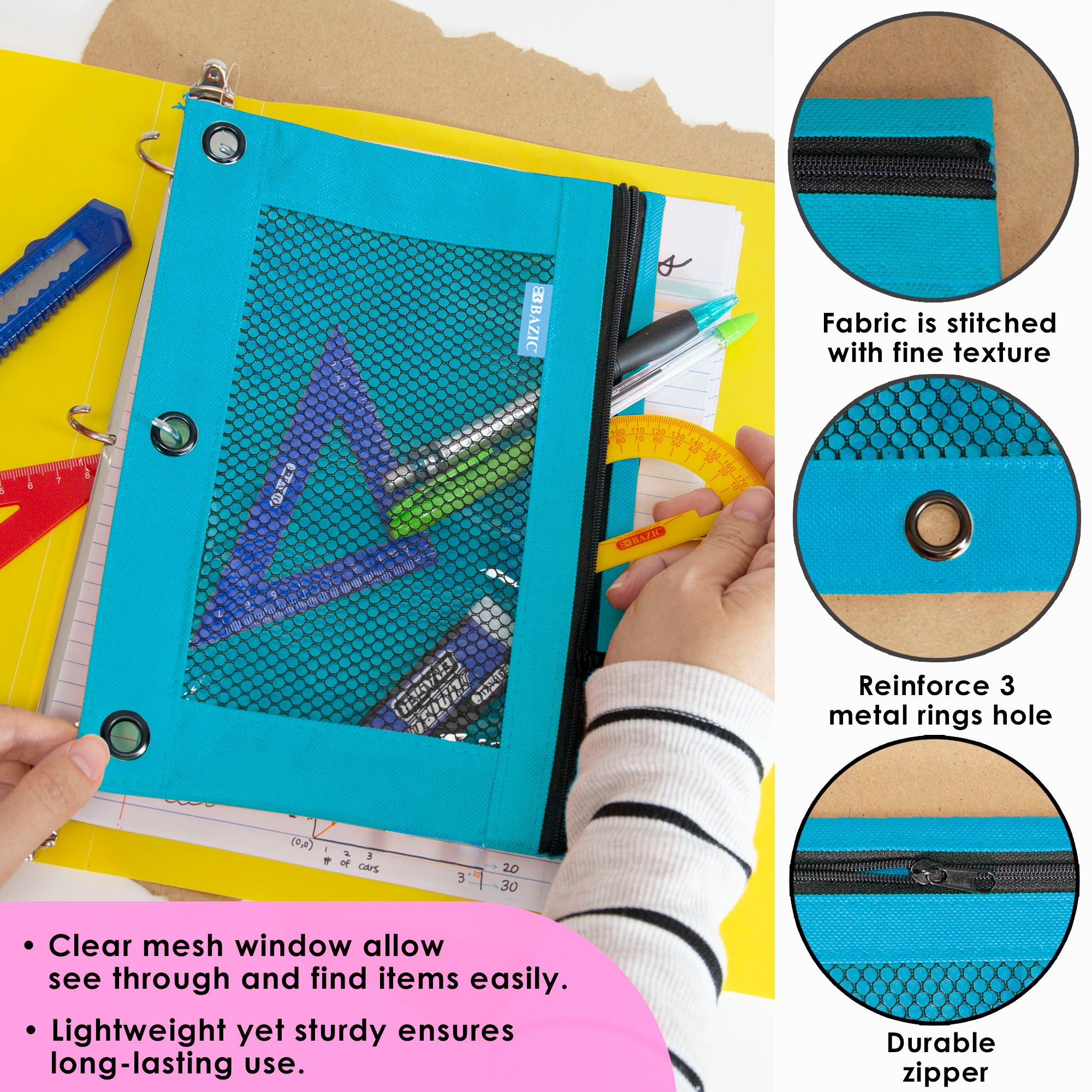 Retro Pastel 3-Ring Pencil Pouch with Mesh Window