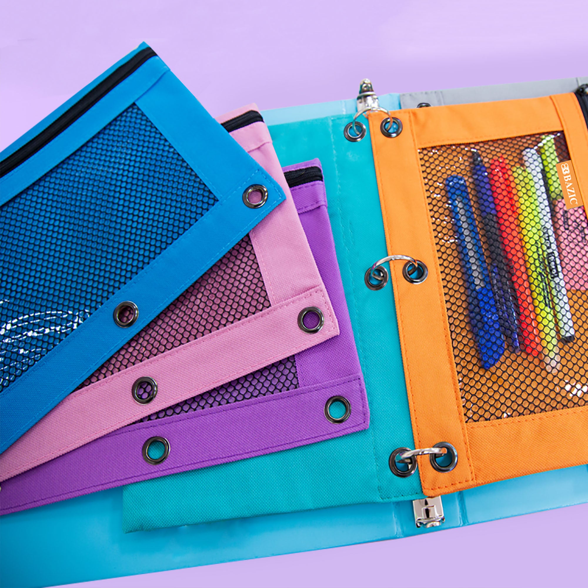 Retro Pastel 3-Ring Pencil Pouch with Mesh Window