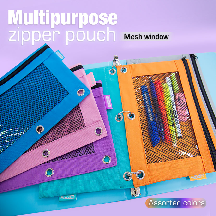Pencil Pouch 3 Ring Binder Pouch w/ Rivet Enforced Rings Holes, Pastel Color, Box of 24