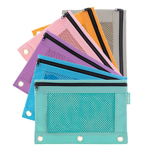 Pencil Pouch 3 Ring Binder Pouch w/ Rivet Enforced Rings Holes, Pastel Color, Box of 24