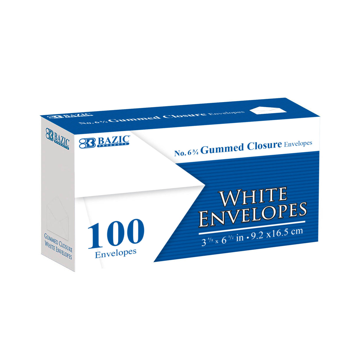 Box of 100 white envelopes with gummed closure, size 3 5/8 x 6 1/2 inches (9.2 x 16.5 cm).