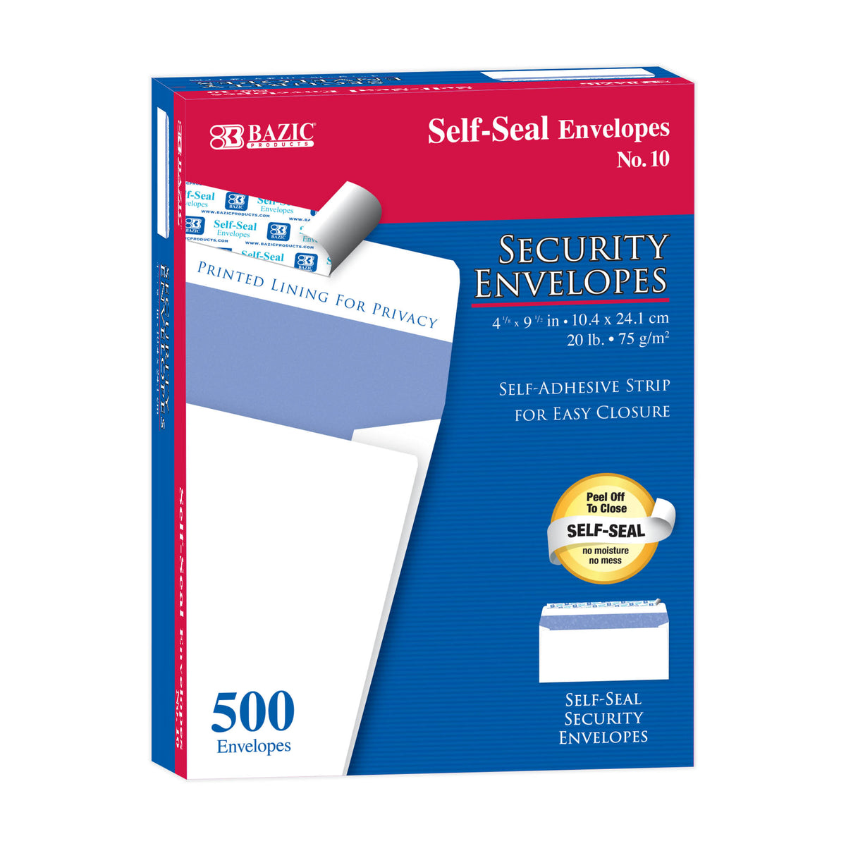 Box of 500 white envelopes, 4 1/8 x 9 1/2 in., 20 lb., with printed privacy lining and peel-off self-seal strips.