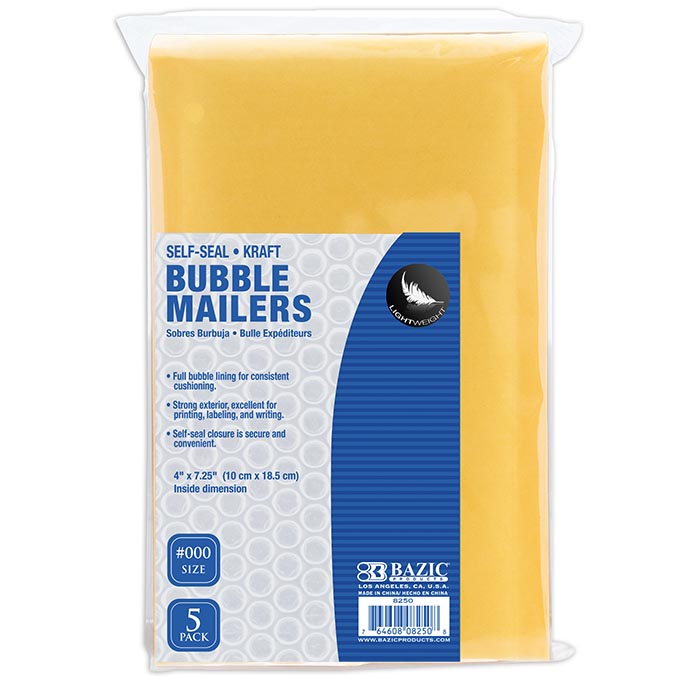 Bubble Mailers, #000, Self-Seal Kraft, 5-Pack